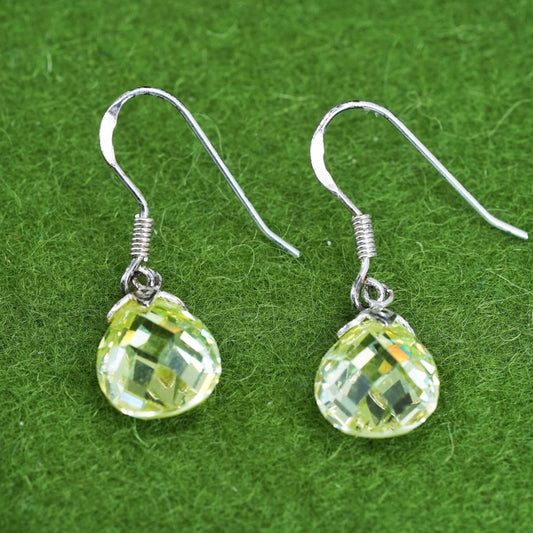 Vintage sterling silver 925 handmade earrings with teardrop crystal green drops