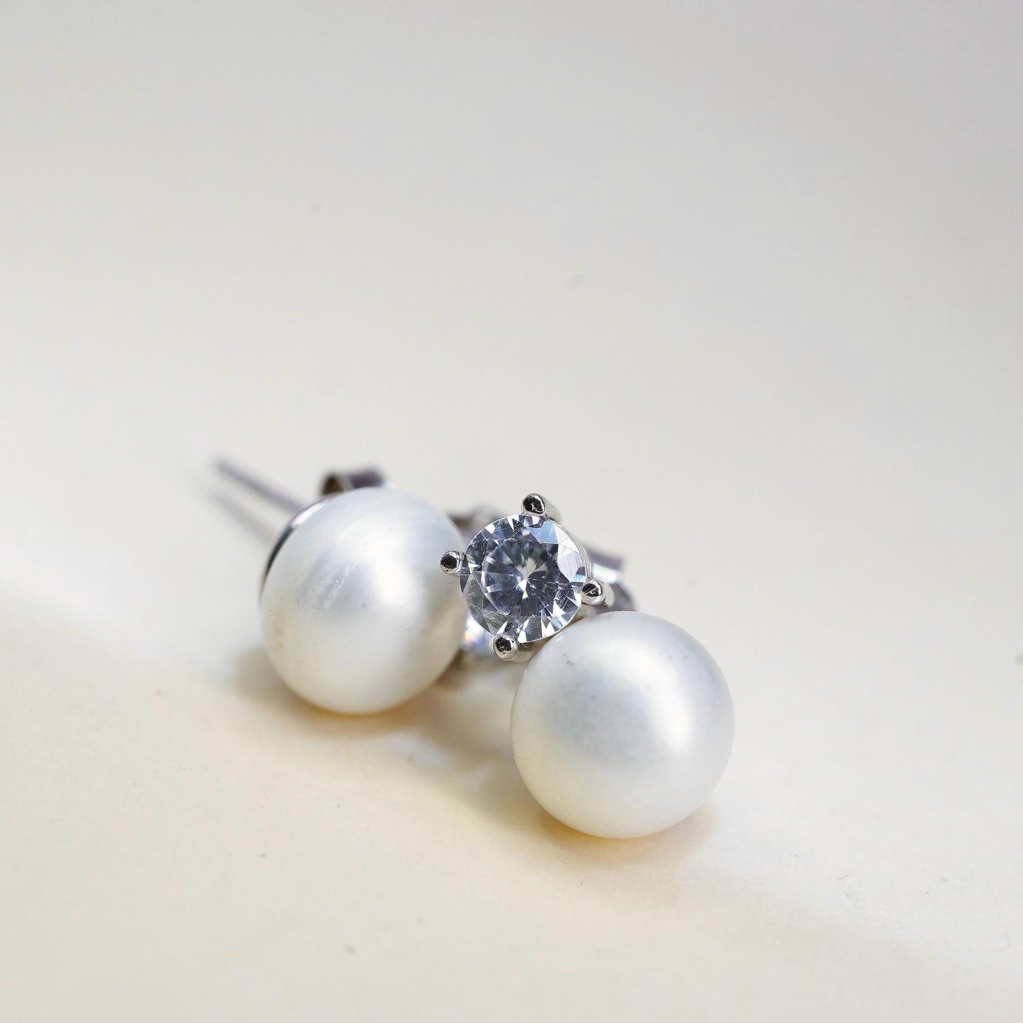 Vintage LUC sterling silver earrings, 925 studs with pearl and cz
