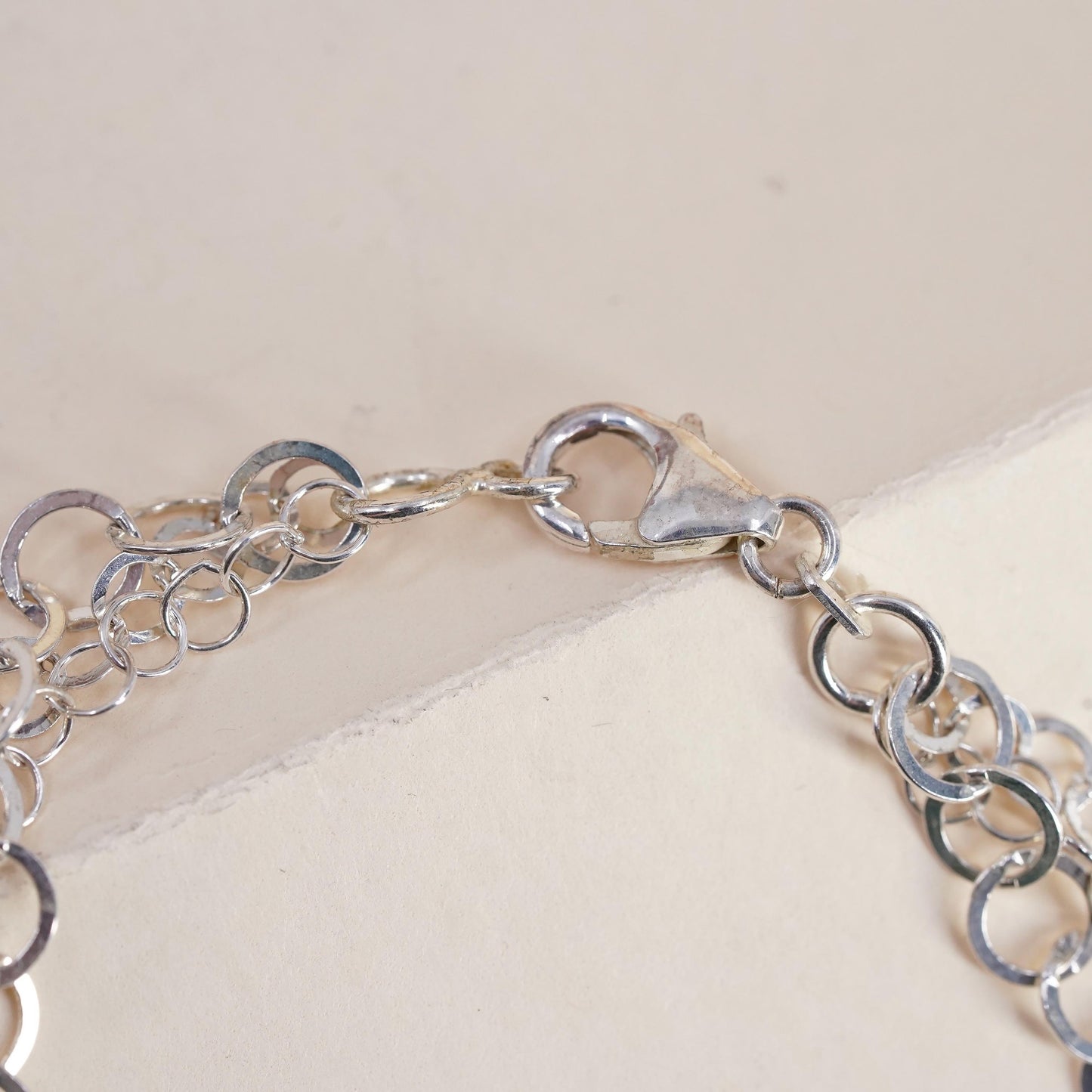 7.75”, Vintage sterling silver multi strands bracelet, 925 flatten circle chain
