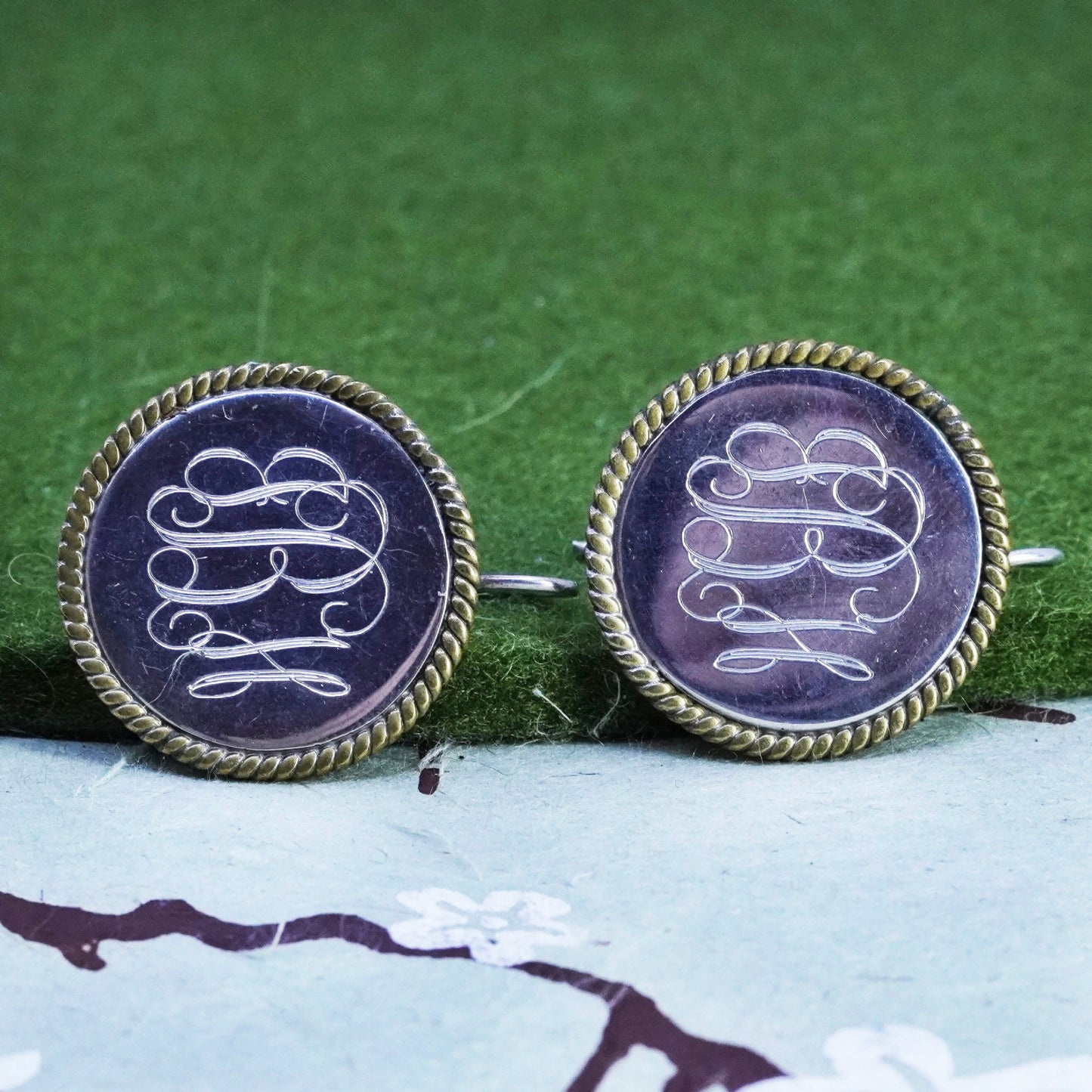 two tone mexico sterling silver earrings, 925 disc brass cable engravers “GBH”