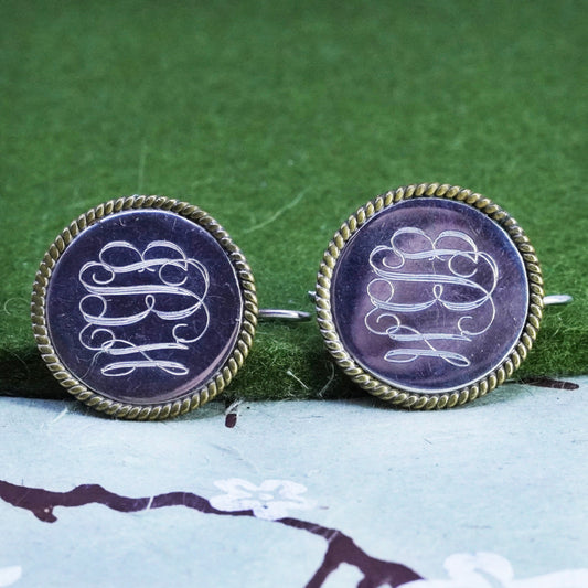 two tone mexico sterling silver earrings, 925 disc brass cable engravers “GBH”