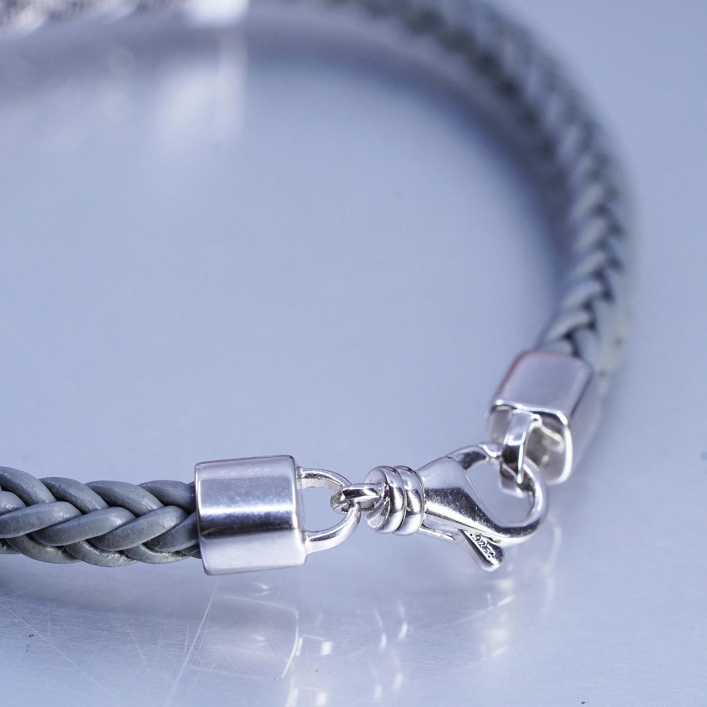 7.5", EFFY Men's Woven Gray Leather Bracelet with Sterling Silver 925 Cable bar