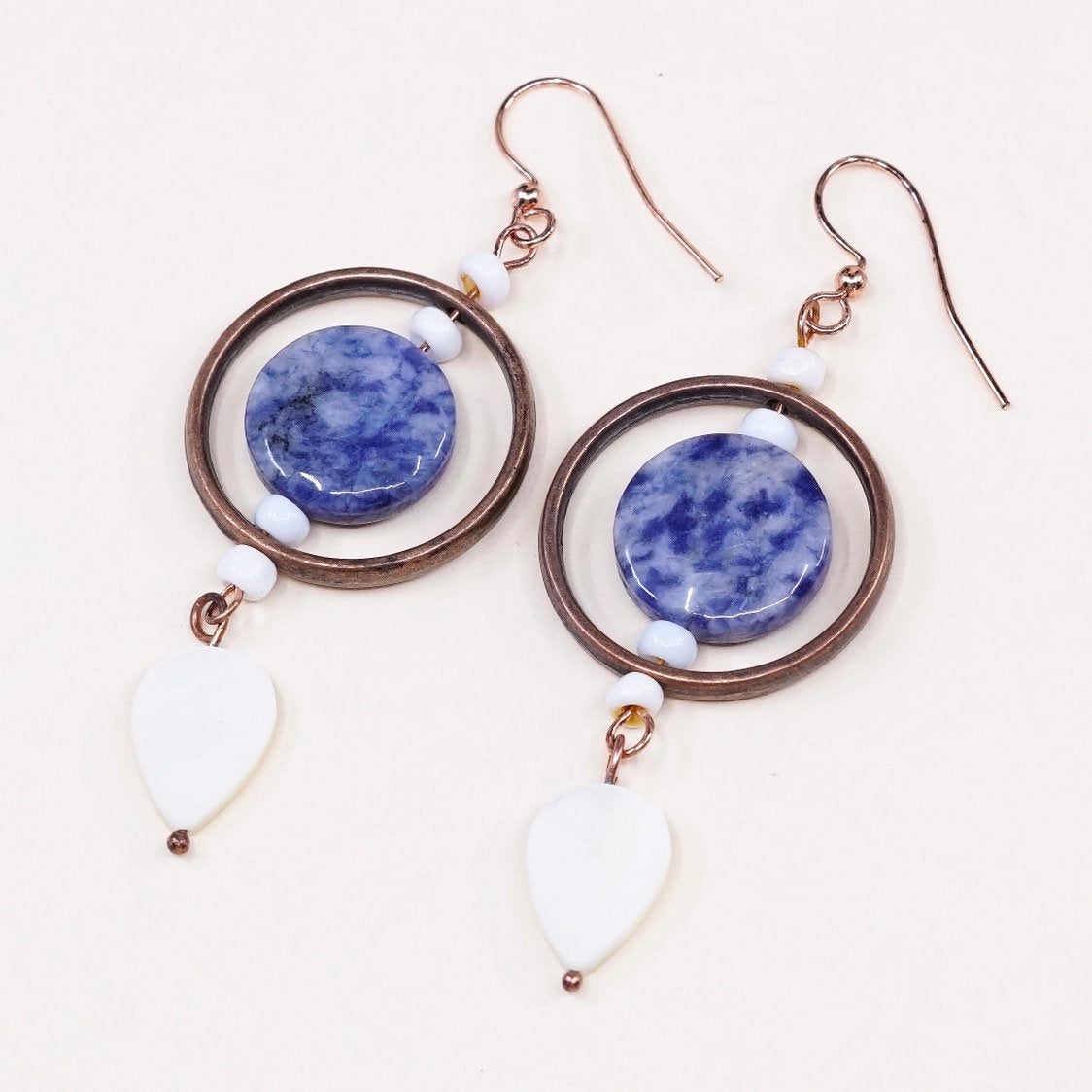 VTG handmade earrings, blue agate mother of pearl drops with copper circle