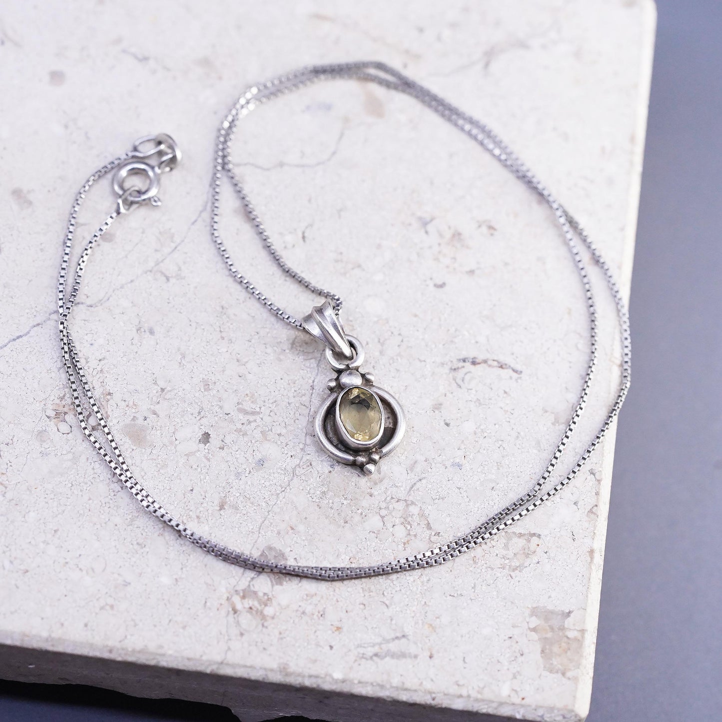 18" 1mm, vintage Sterling silver necklace, 925 box chain with citrine pendant