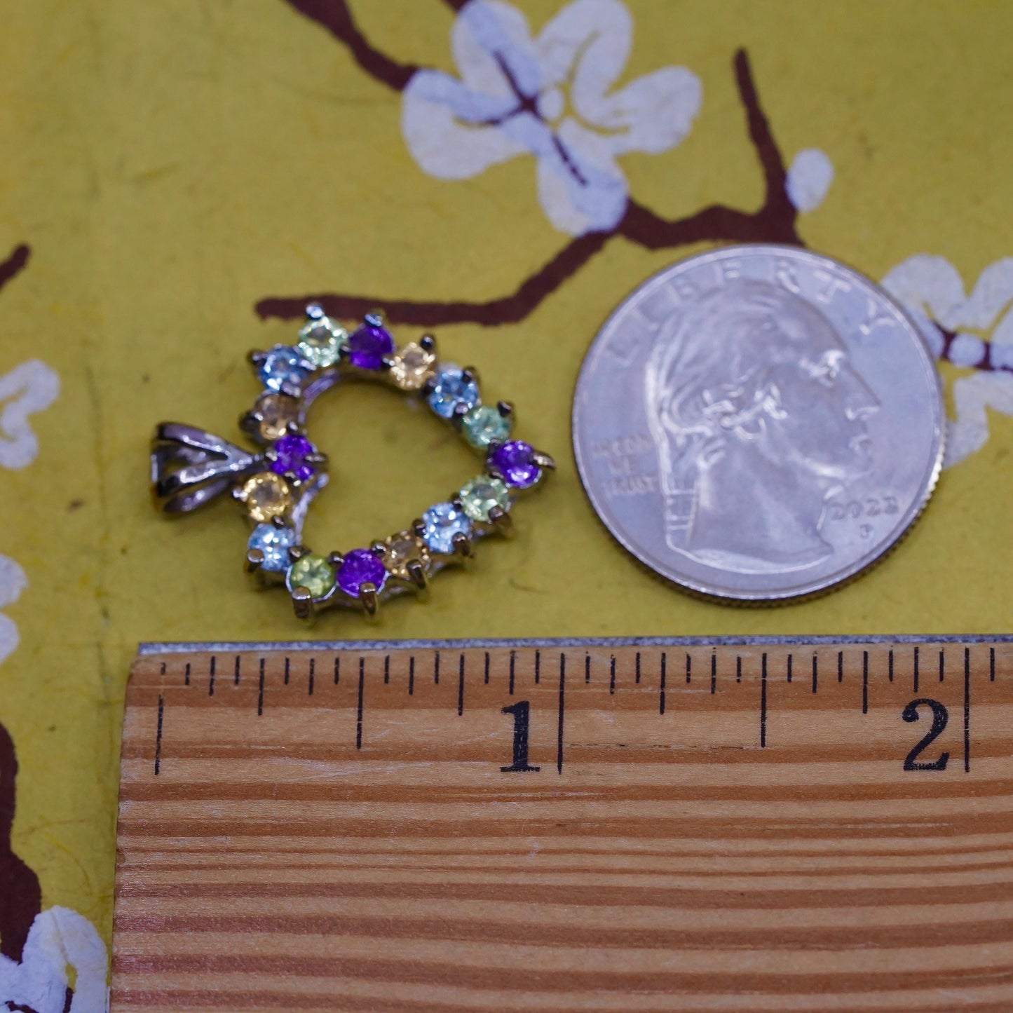 Sterling silver multi color pendant, 925 heart amethyst topaz citrine peridot