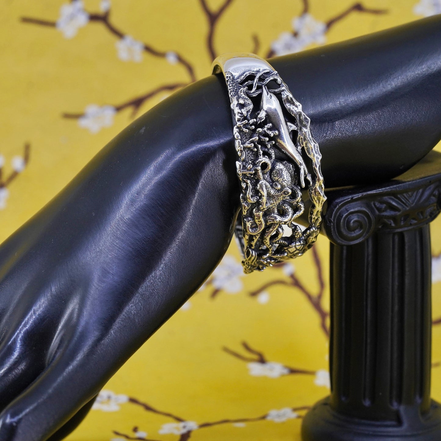 6.5", sterling silver SC bracelet, 925 sea animal octopus dolphin turtle cuff