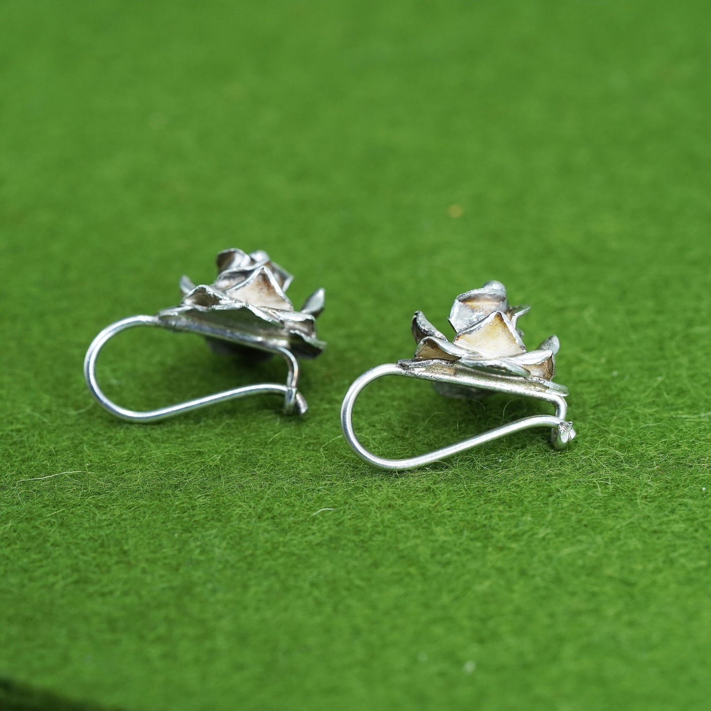 Vintage Mexican Sterling silver handmade earrings, rose flower dangles