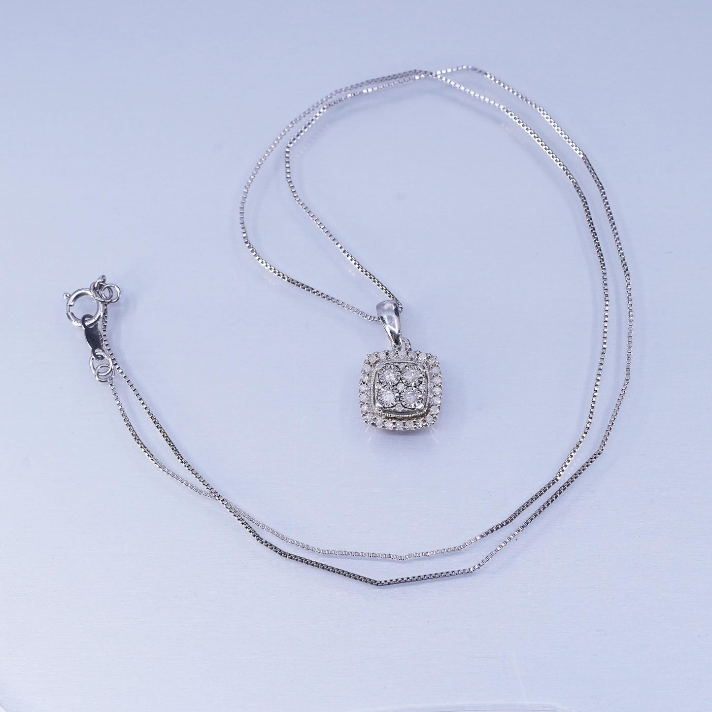 18”, vintage Sterling 925 silver circle necklace with diamond sapphire pendants