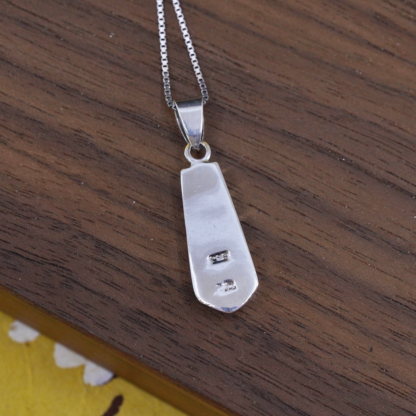 18” Vintage Sterling 925 silver box chain necklace pendant mother of pearl onyx