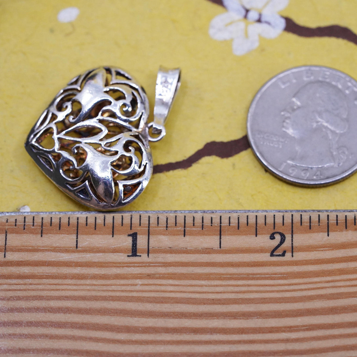 925 Sterling Silver Puffy Heart Double Sided Openwork Filigree Scroll Pendant
