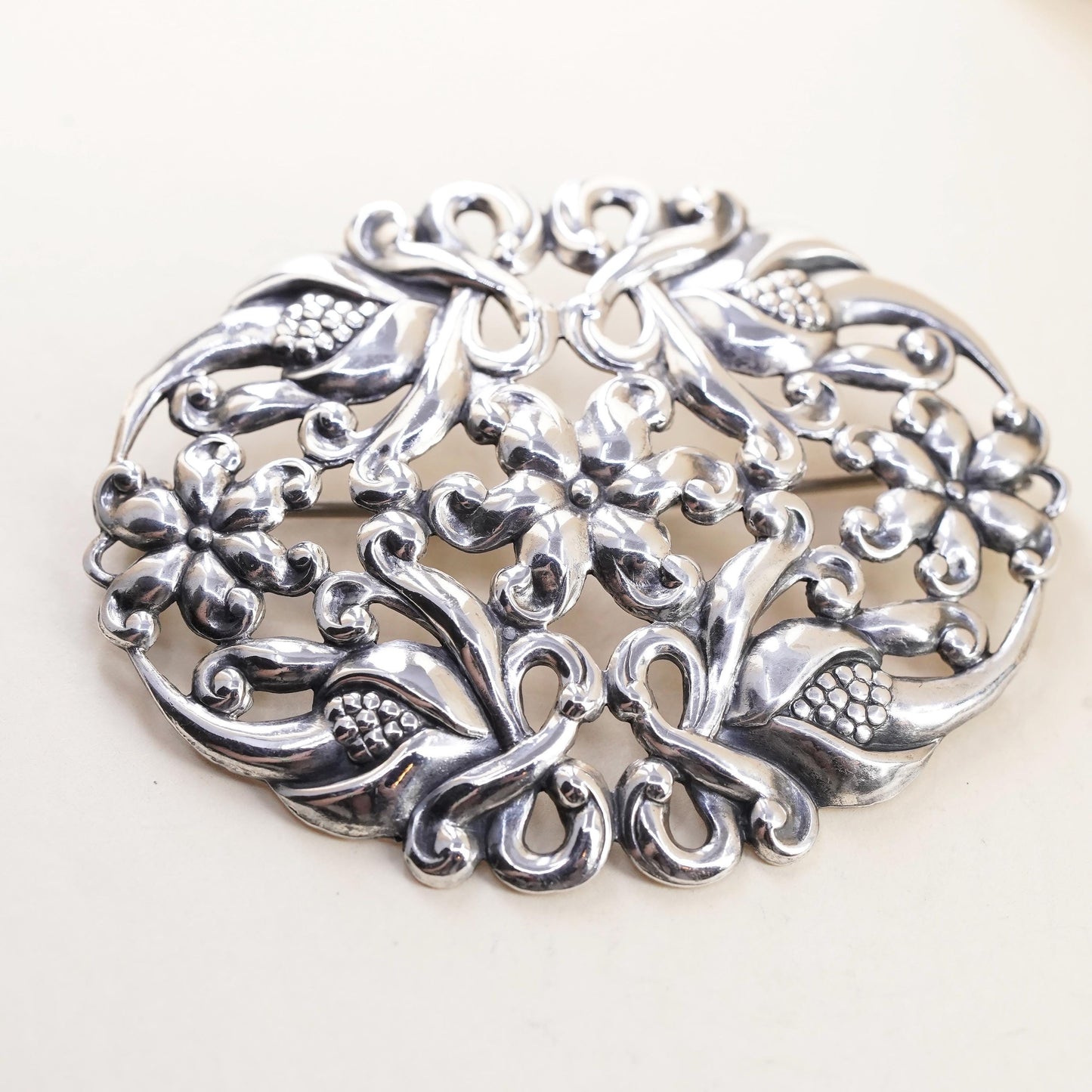 Scandinavian Sterling Silver Floral Brooch, Openwork Flower Pin, Danish Modern