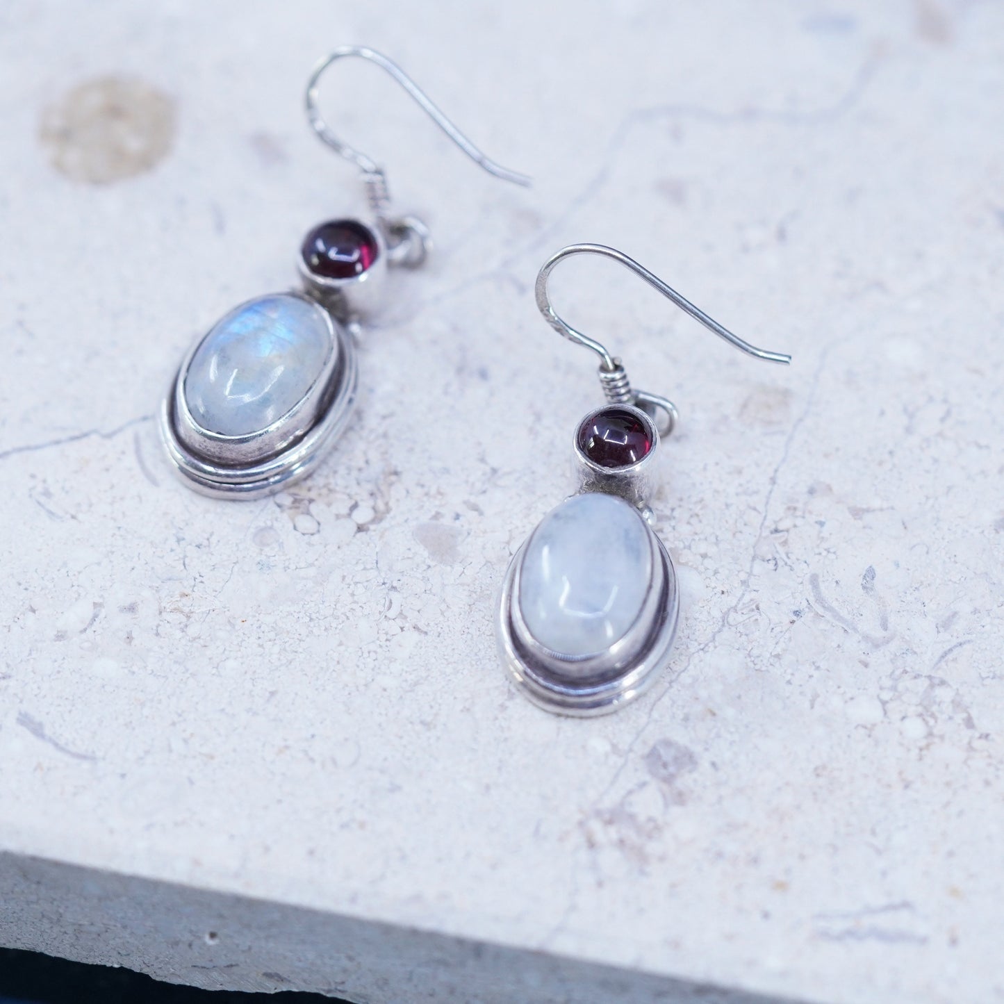 Vintage Sterling 926 silver handmade earrings with oval moonstone and garnet