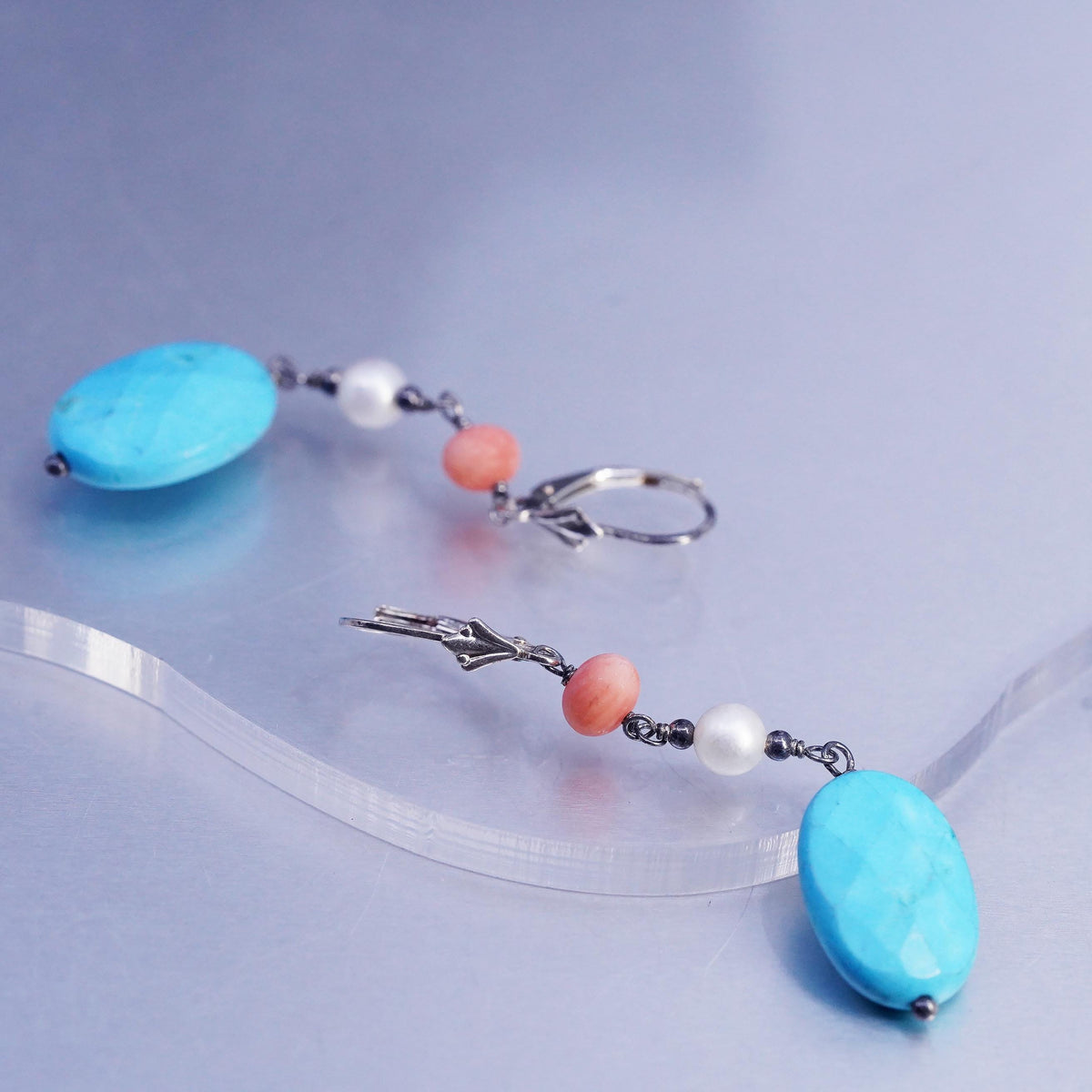 Vintage LUC Sterling 925 silver earrings with turquoise oval pearl beads