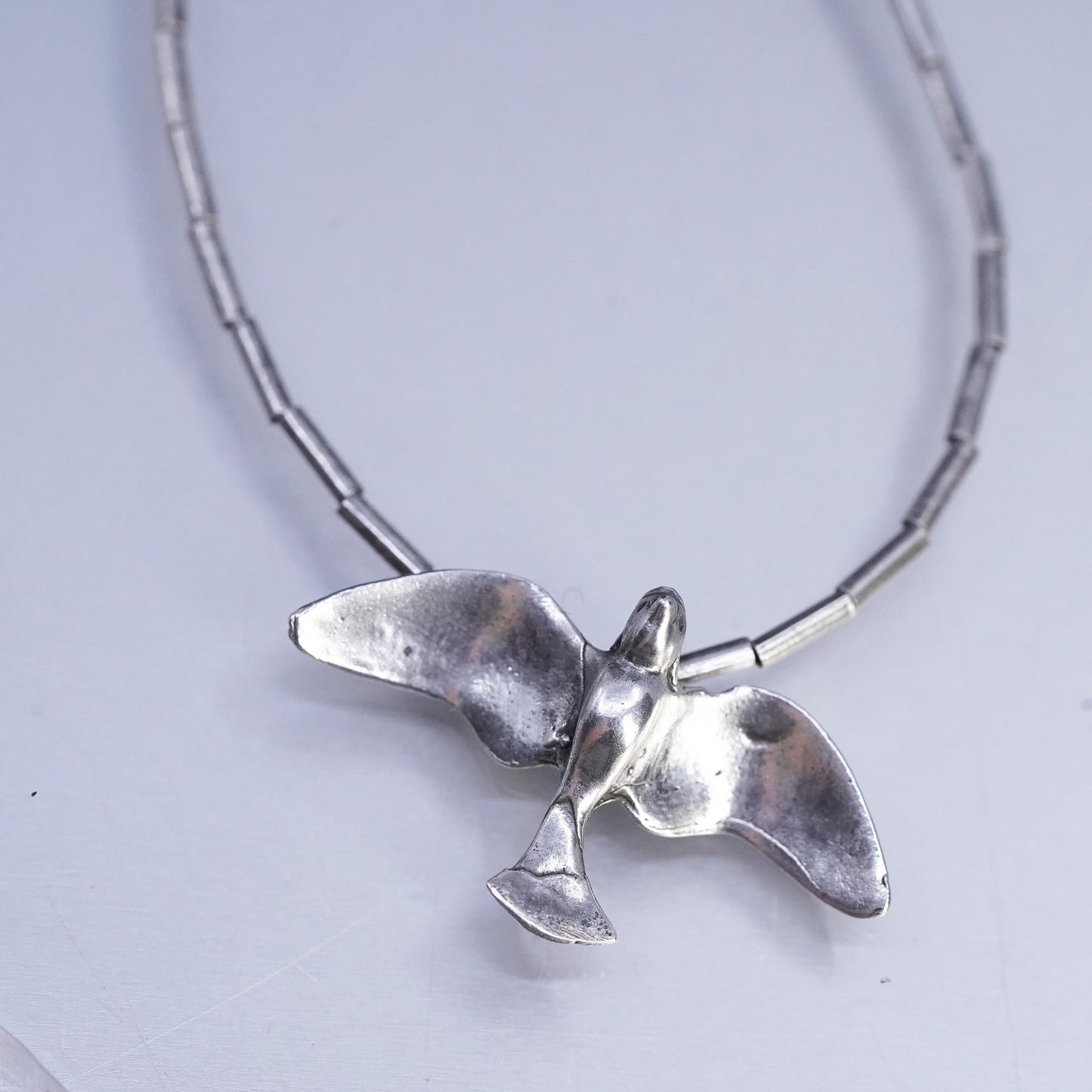 15", Native American Sterling 925 liquid silver necklace with done bird pendant