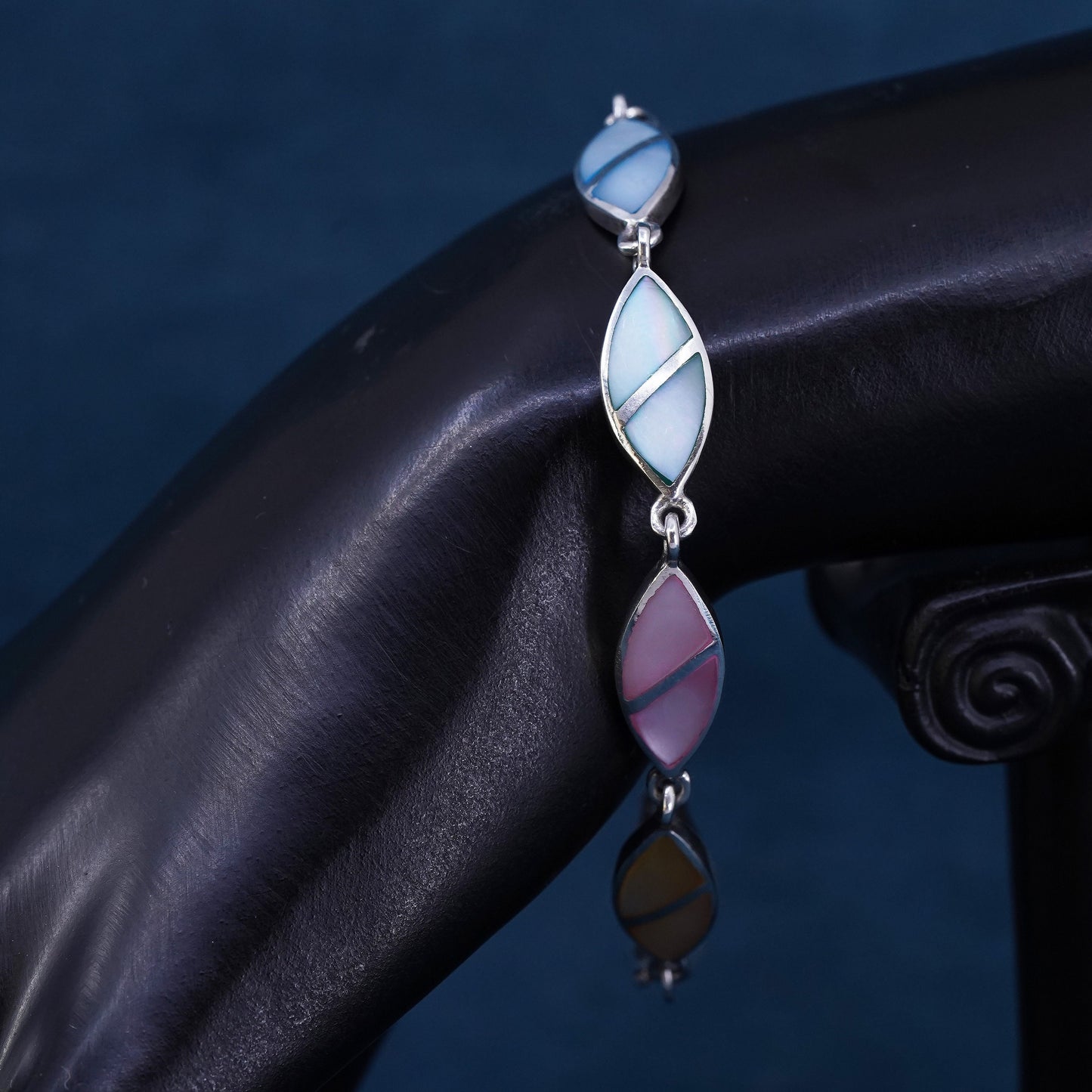 7.5", vintage sterling 925 silver handmade bracelet with mother of pearl tennis