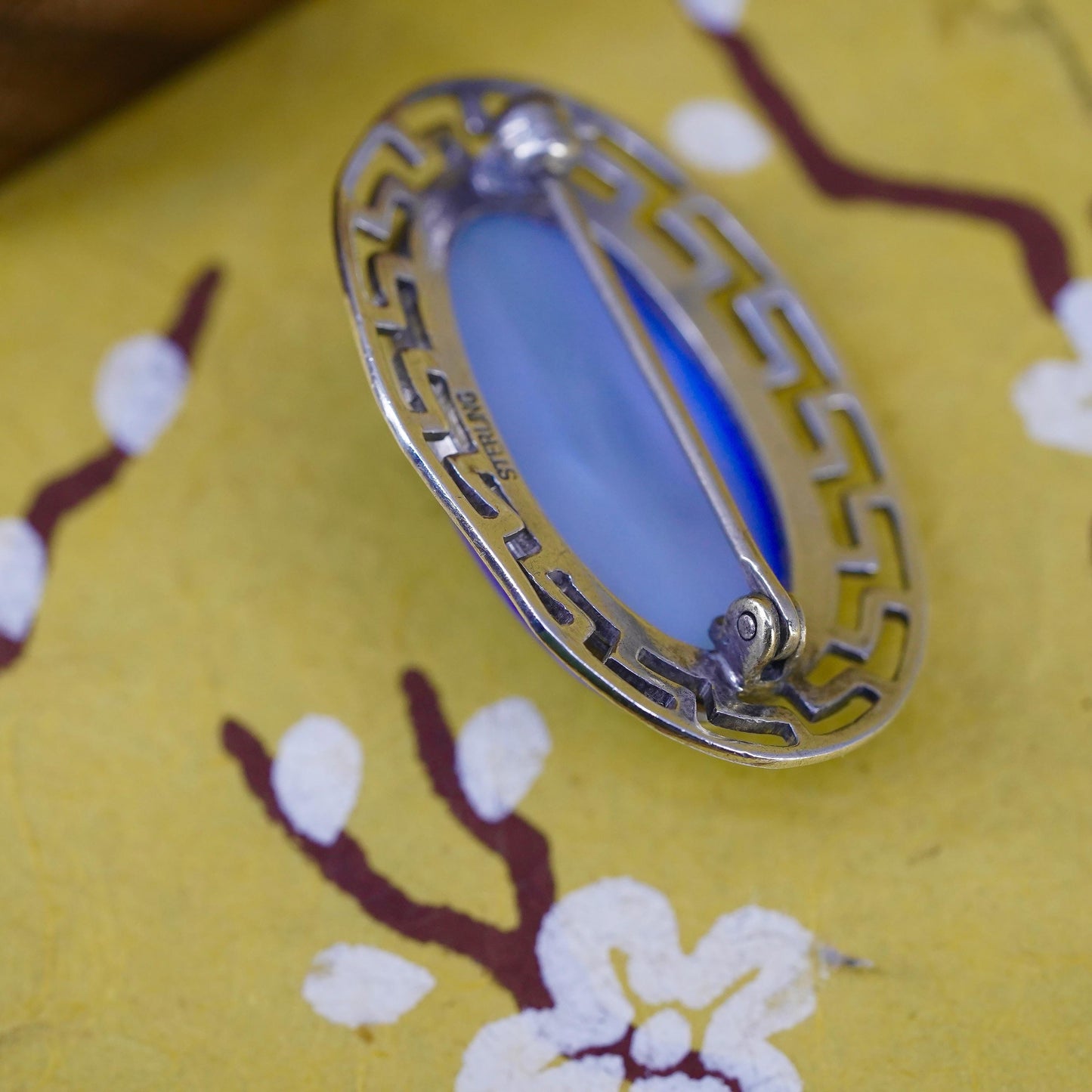 VTG Sterling 925 silver Blue Glass Cabochon Brooch, Frame, Art Deco Style Pin