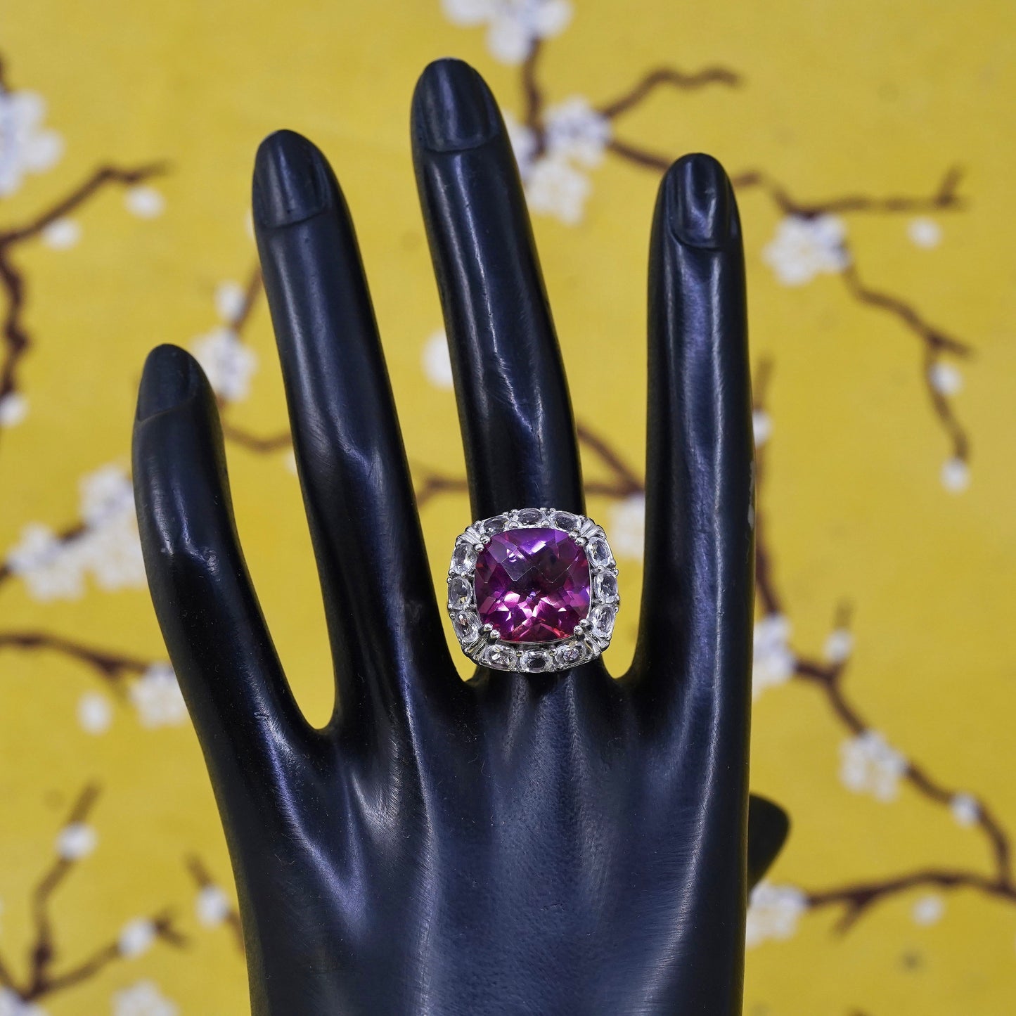 Size 7.75, vintage Sterling 925 silver statement cocktail ring w/ pink crystal