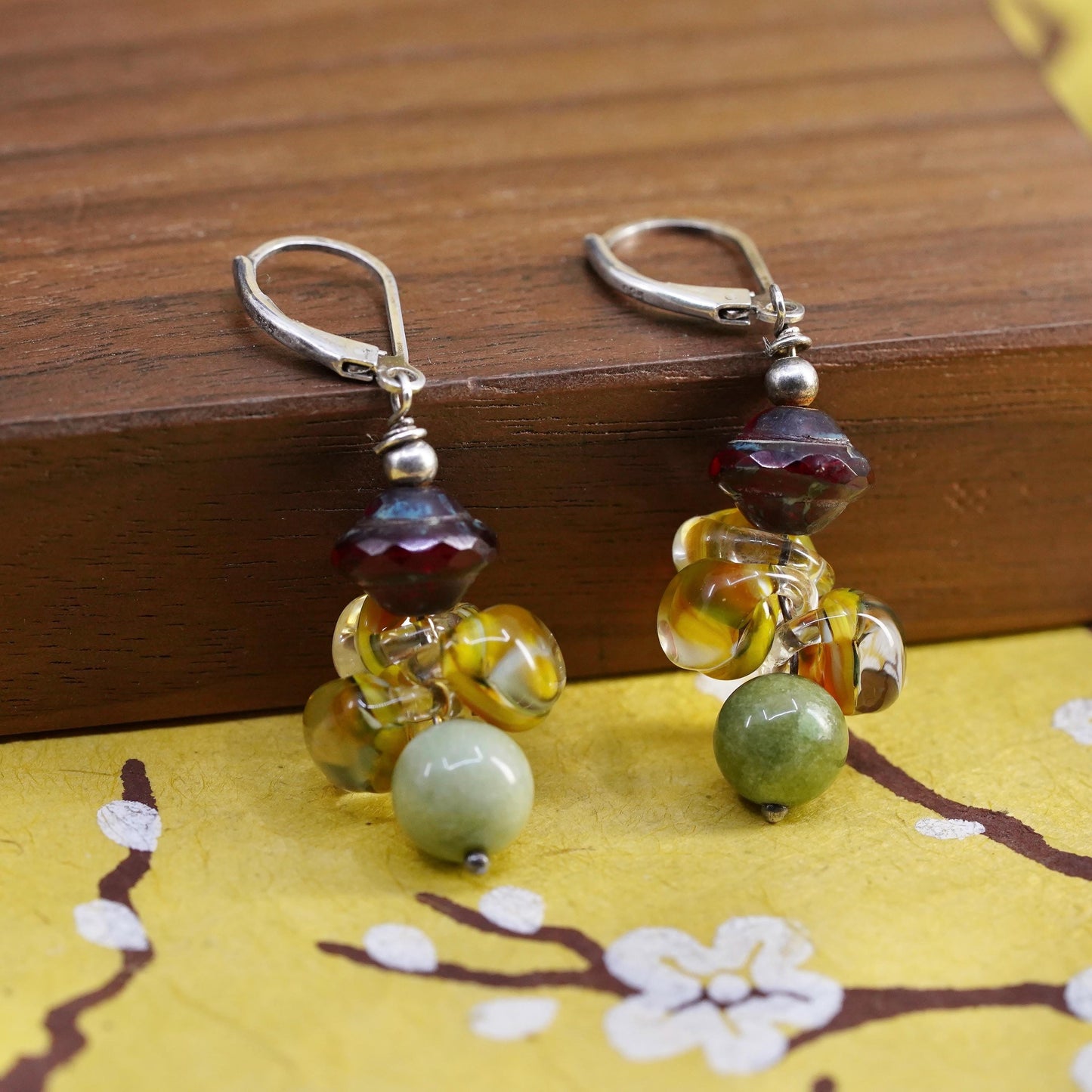 Vintage sterling 925 silver earrings with artisan glass bead lever back closing