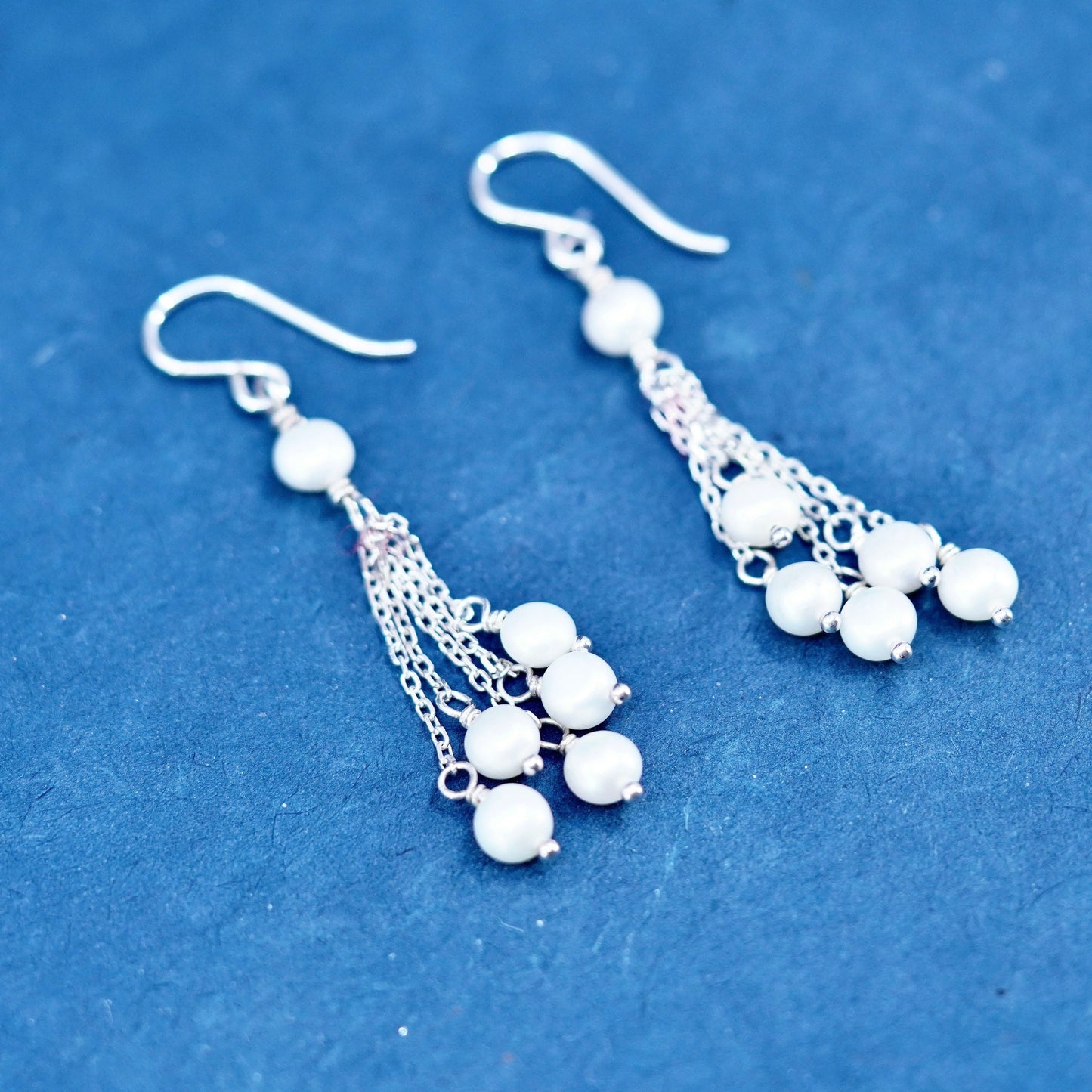 Vintage Sterling silver handmade earrings, 925 fringe with cluster pearl