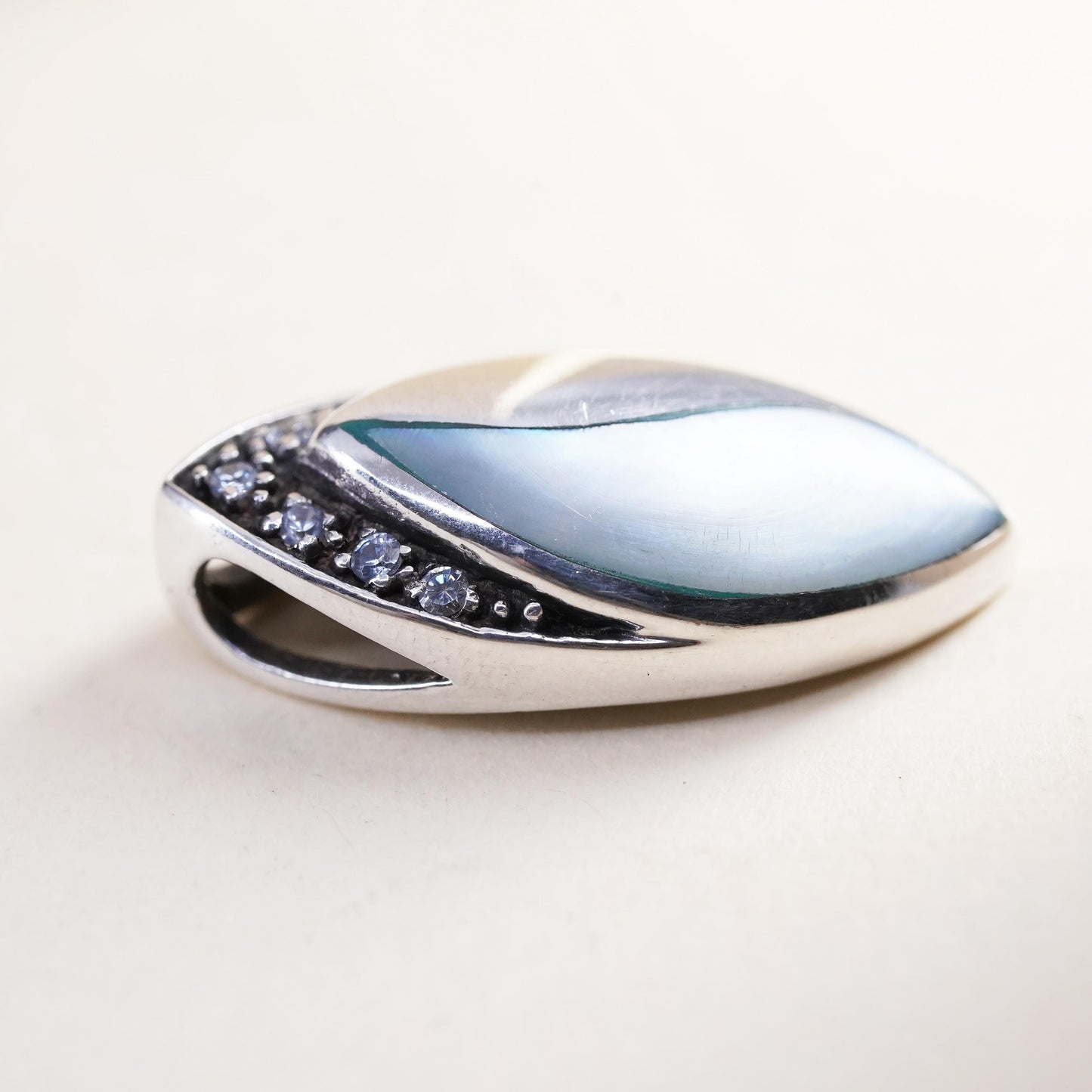 Vintage sterling 925 silver handmade pendant with mother of pearl and Cz