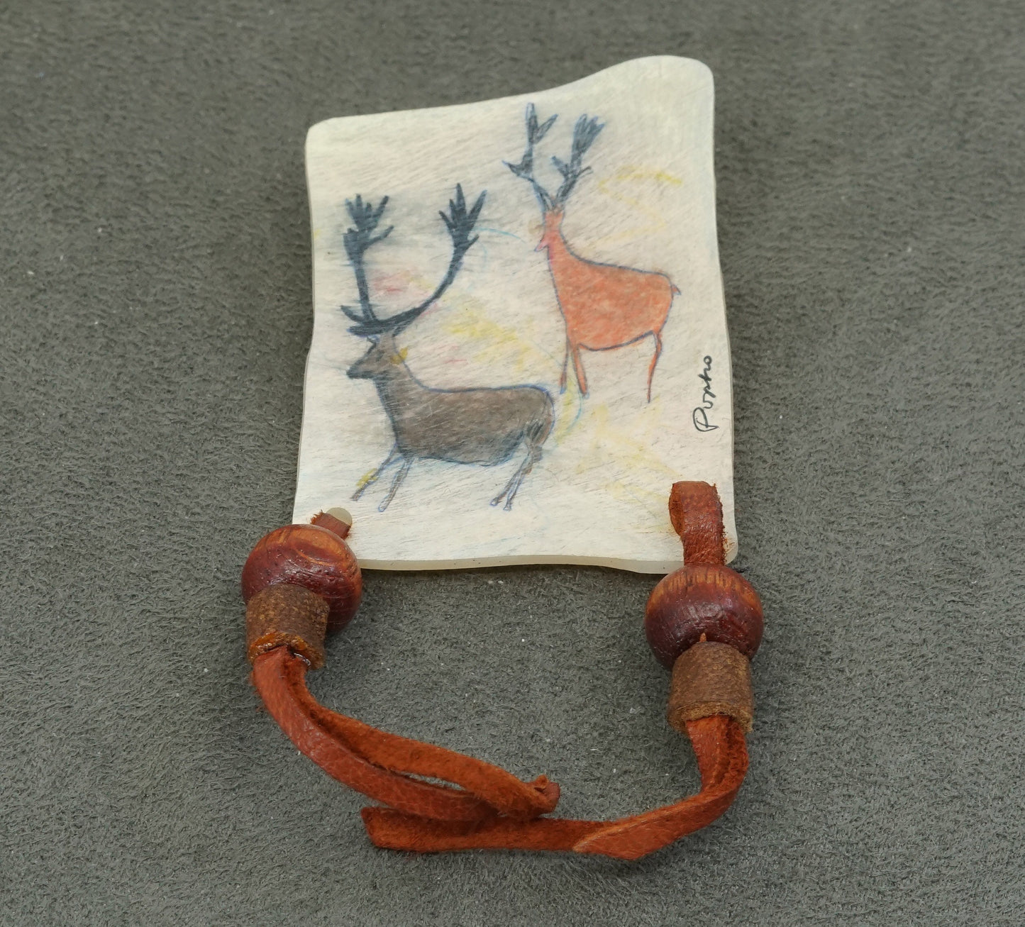 Vintage handmade brooch with leather fringe and deer painting