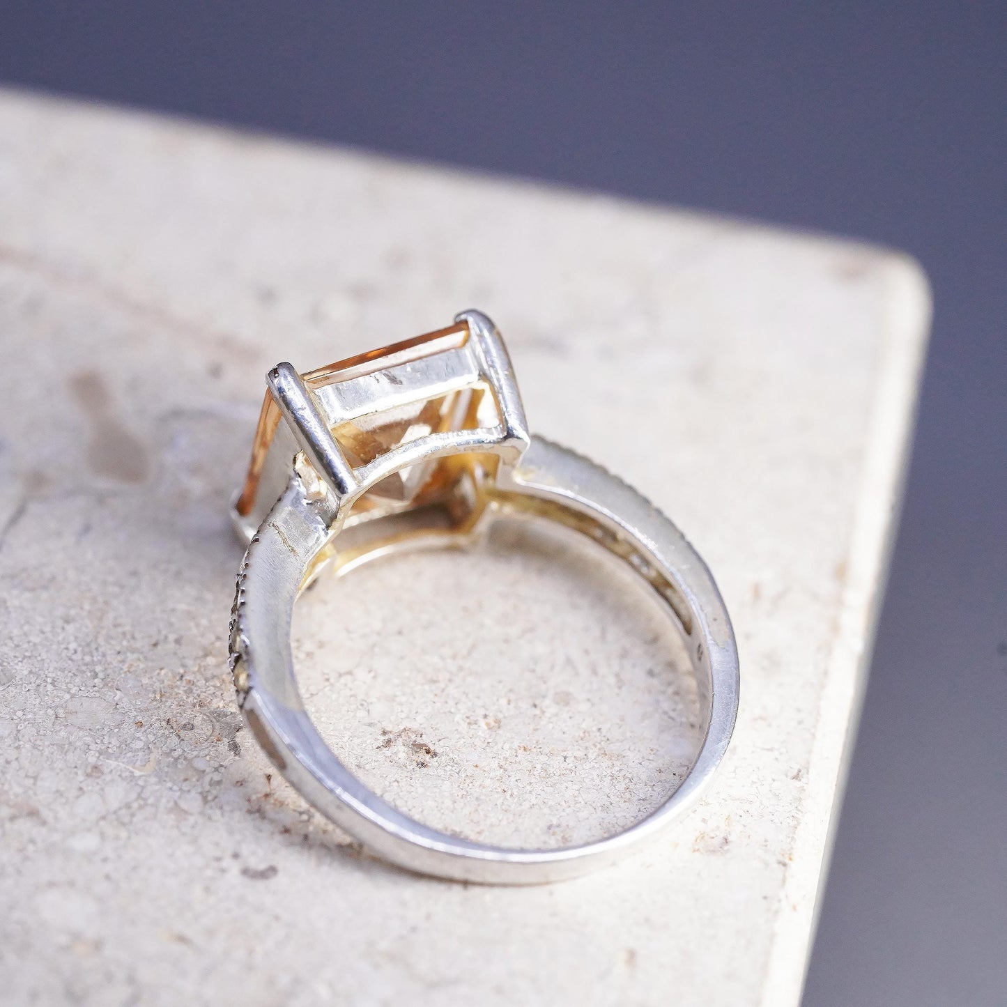 Size 8.25, VTG 925 Sterling Silver Champagne CZ Ring, Princess Solitaire Ring