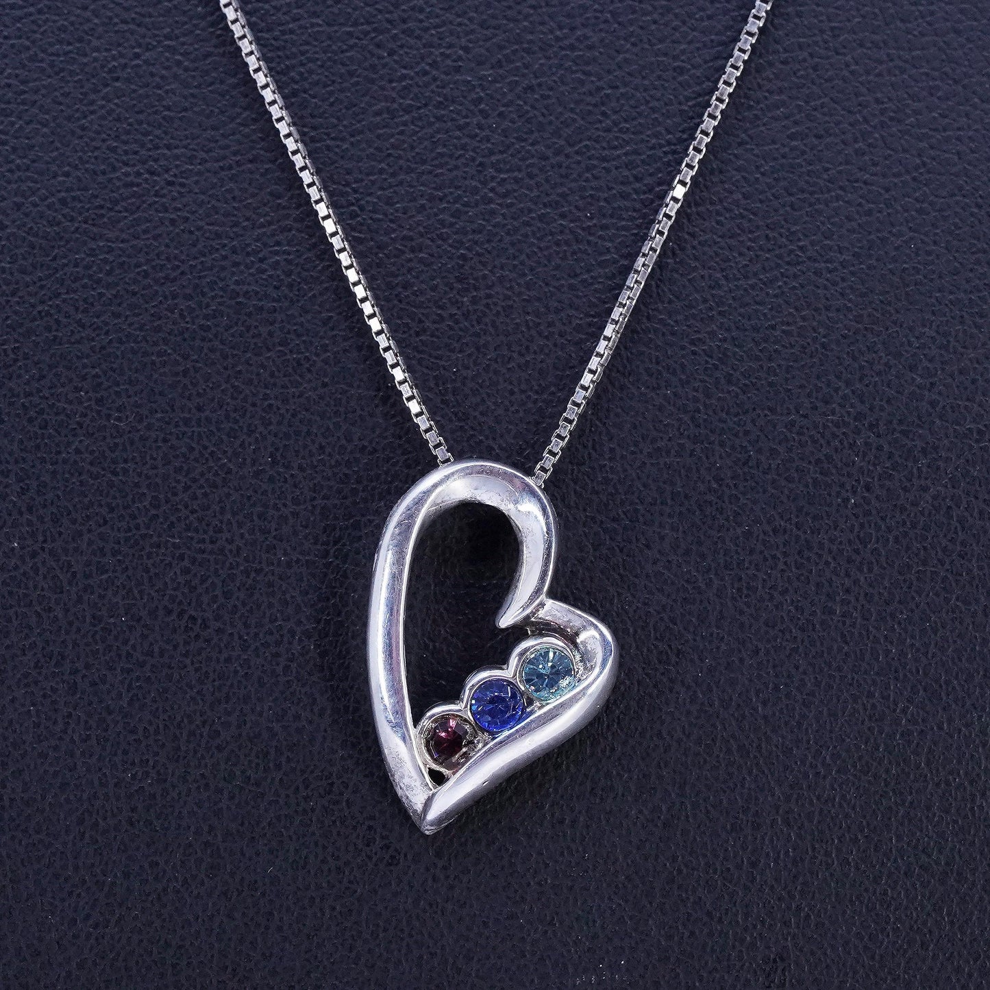16+2", vintage Sterling 925 silver handmade box necklace with heart cz pendant