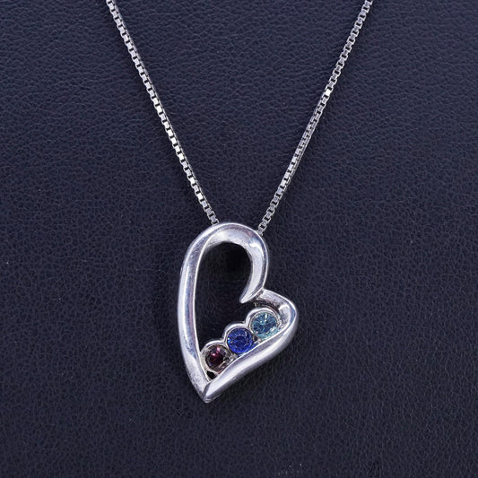 16+2", vintage Sterling 925 silver handmade box necklace with heart cz pendant