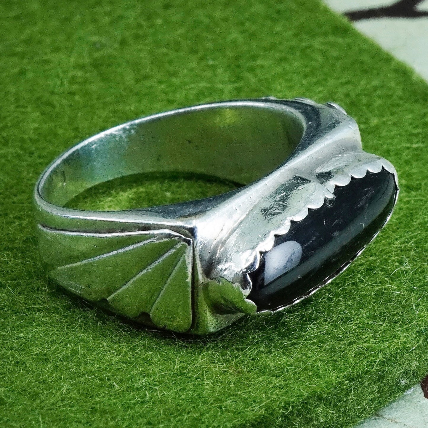 Size 13, Native American sterling silver ring, 925 band with onyx, Southwestern