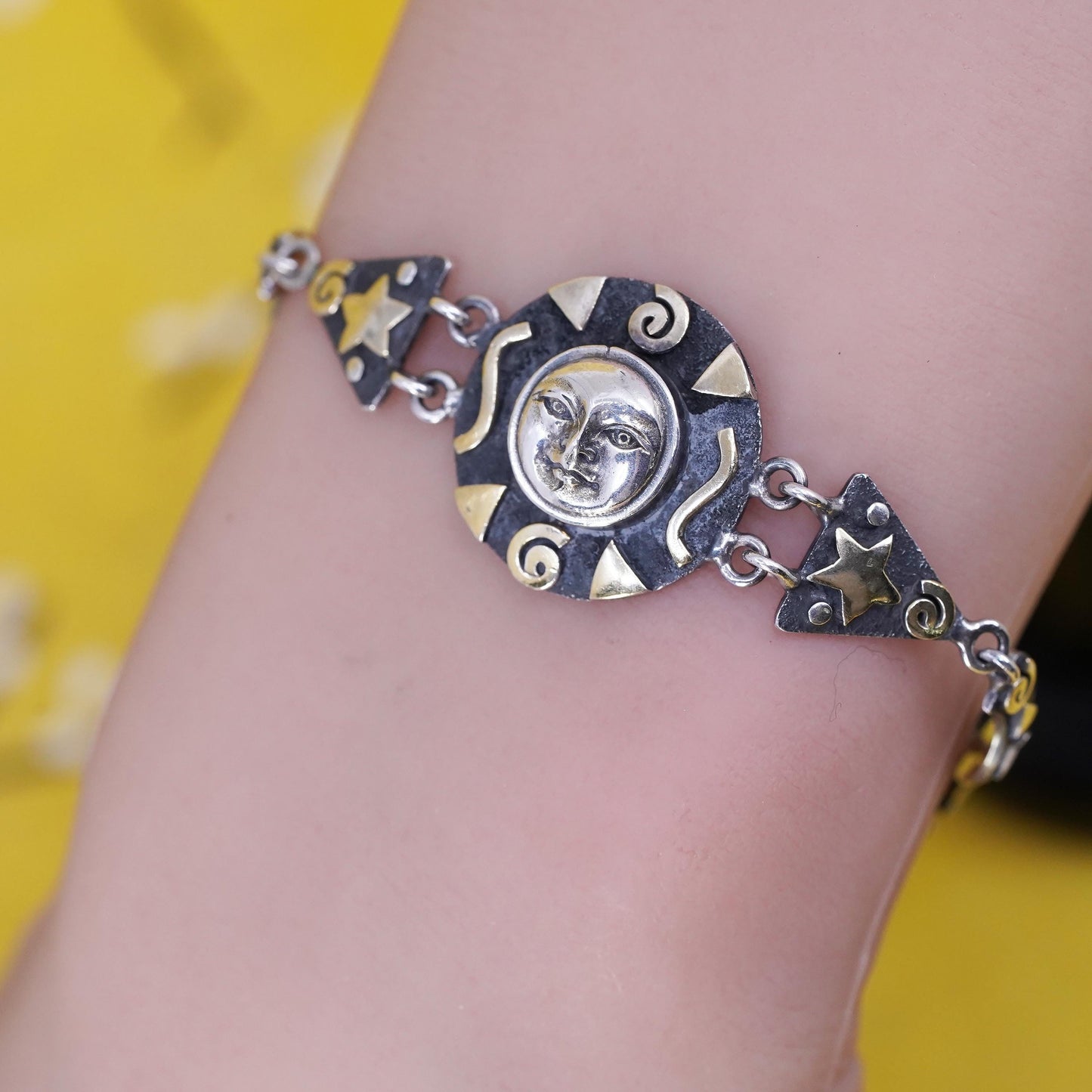 6.5", vintage two tone Sterling silver handmade bracelet, 925 sun face charm
