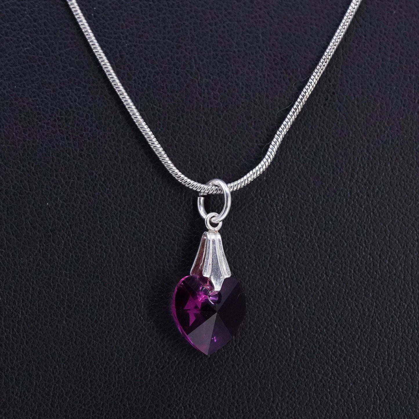 20", vintage Sterling 925 silver handmade snake necklace crystal heart pendant