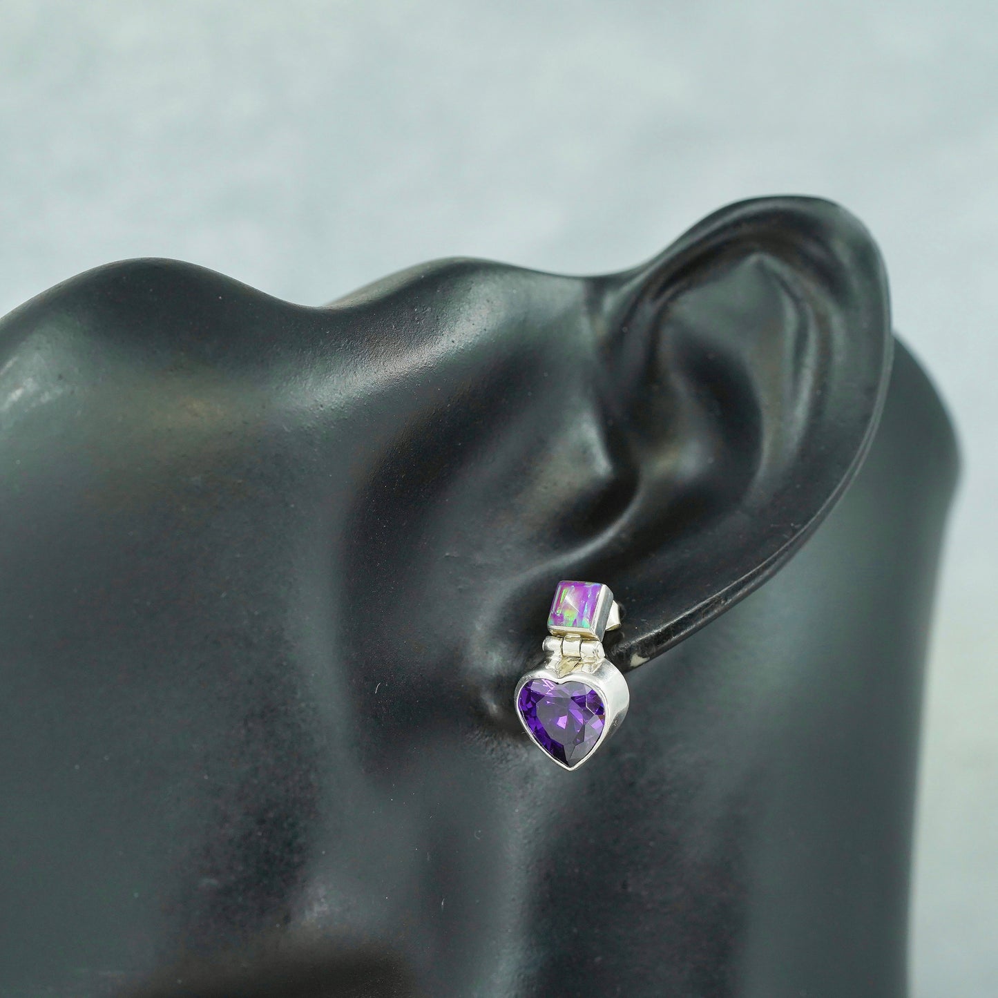 Vintage jewelry | Sterling 925 silver earrings with heart amethyst and opal
