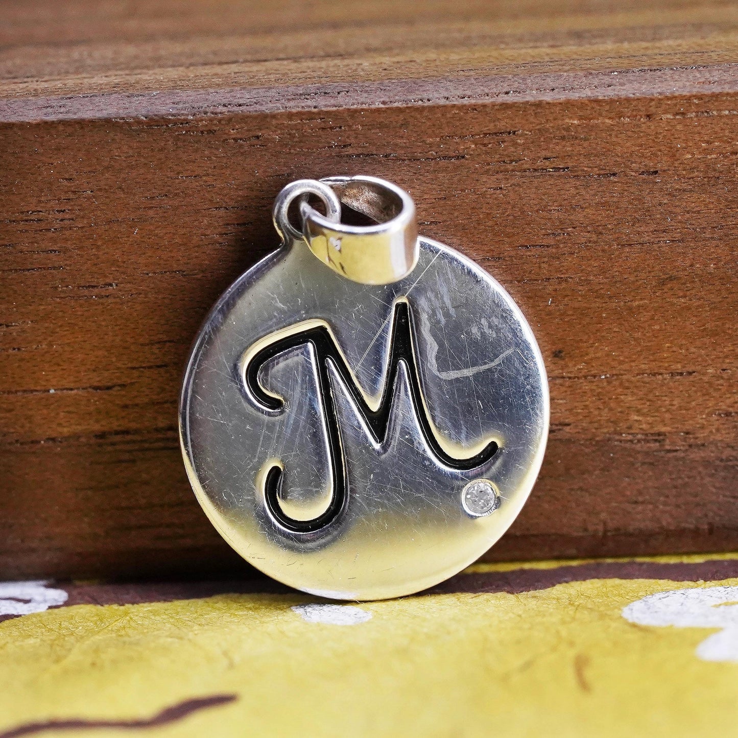Vintage Sterling silver initial pendant, 925 circle with letter M