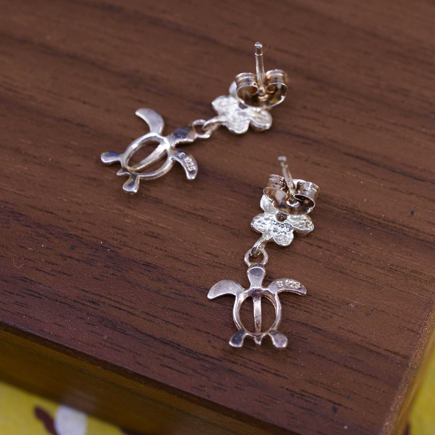 Vintage Sterling silver earrings, 925 plumeria flower studs with turtle dangles