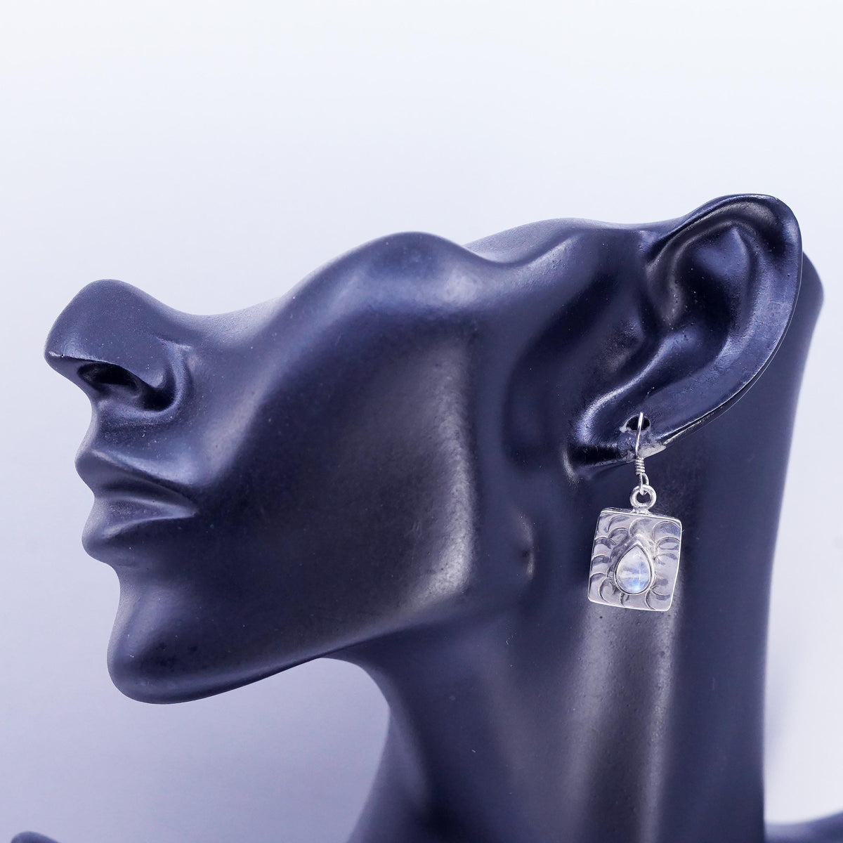 Vintage Sterling 925 silver textured square earrings teardrop moonstone