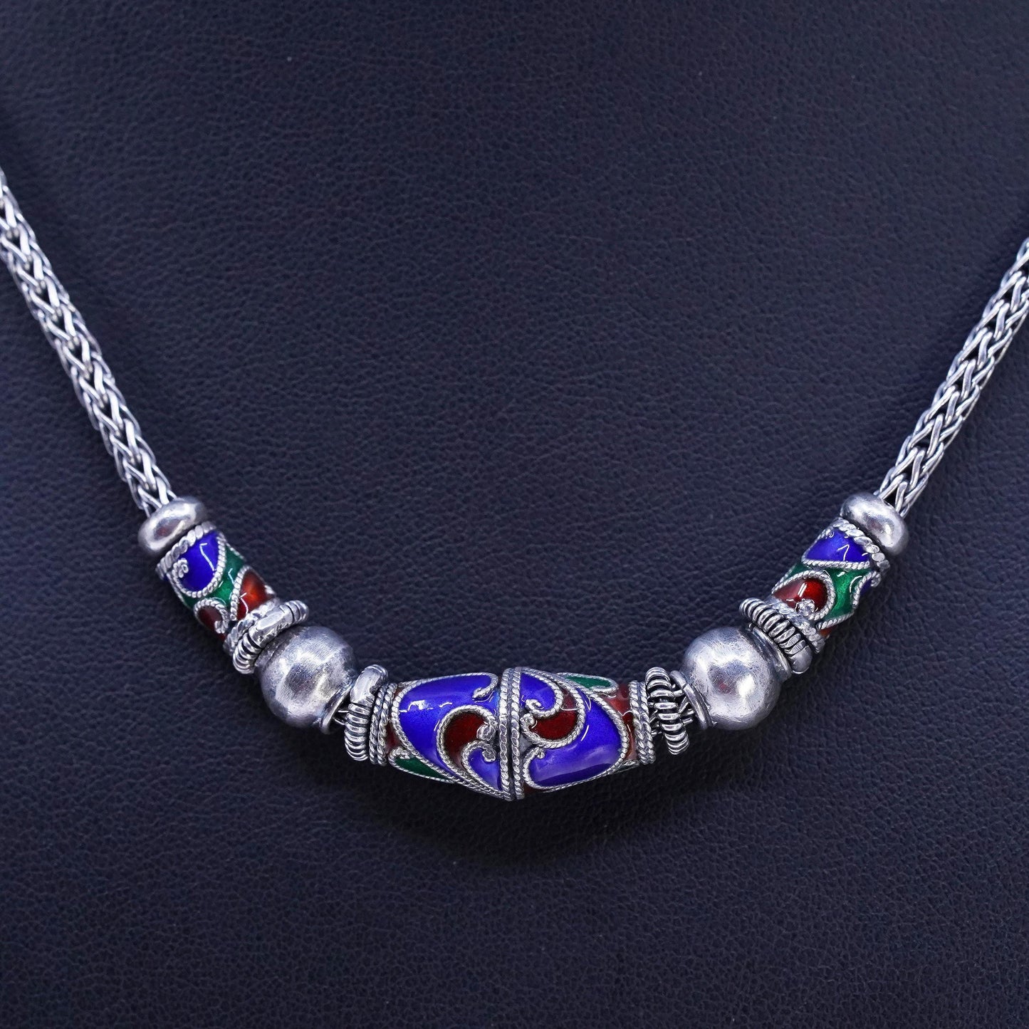 18", Sterling 925 silver bold wheat chain necklace enamel slide bead pendant