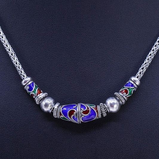 18", Sterling 925 silver bold wheat chain necklace enamel slide bead pendant