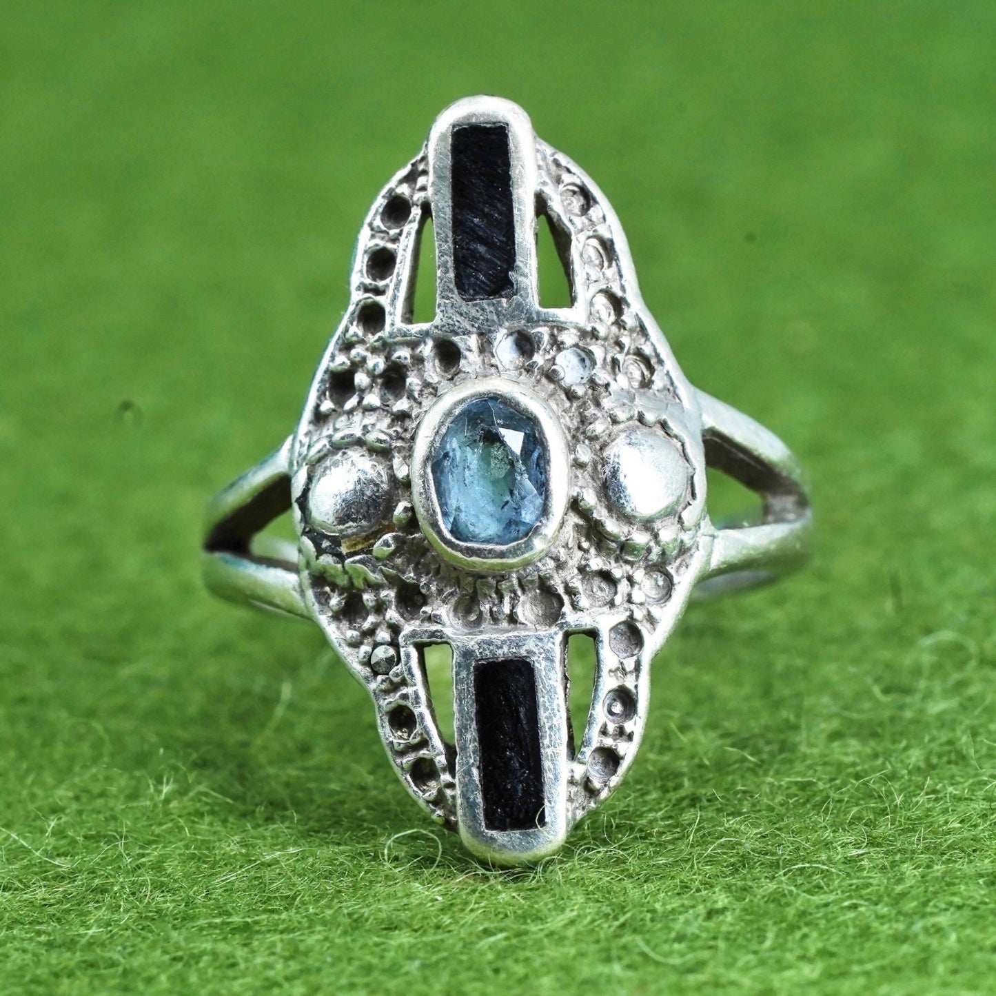 Size 8.25, vintage Sterling silver statement engagement ring with blue topaz
