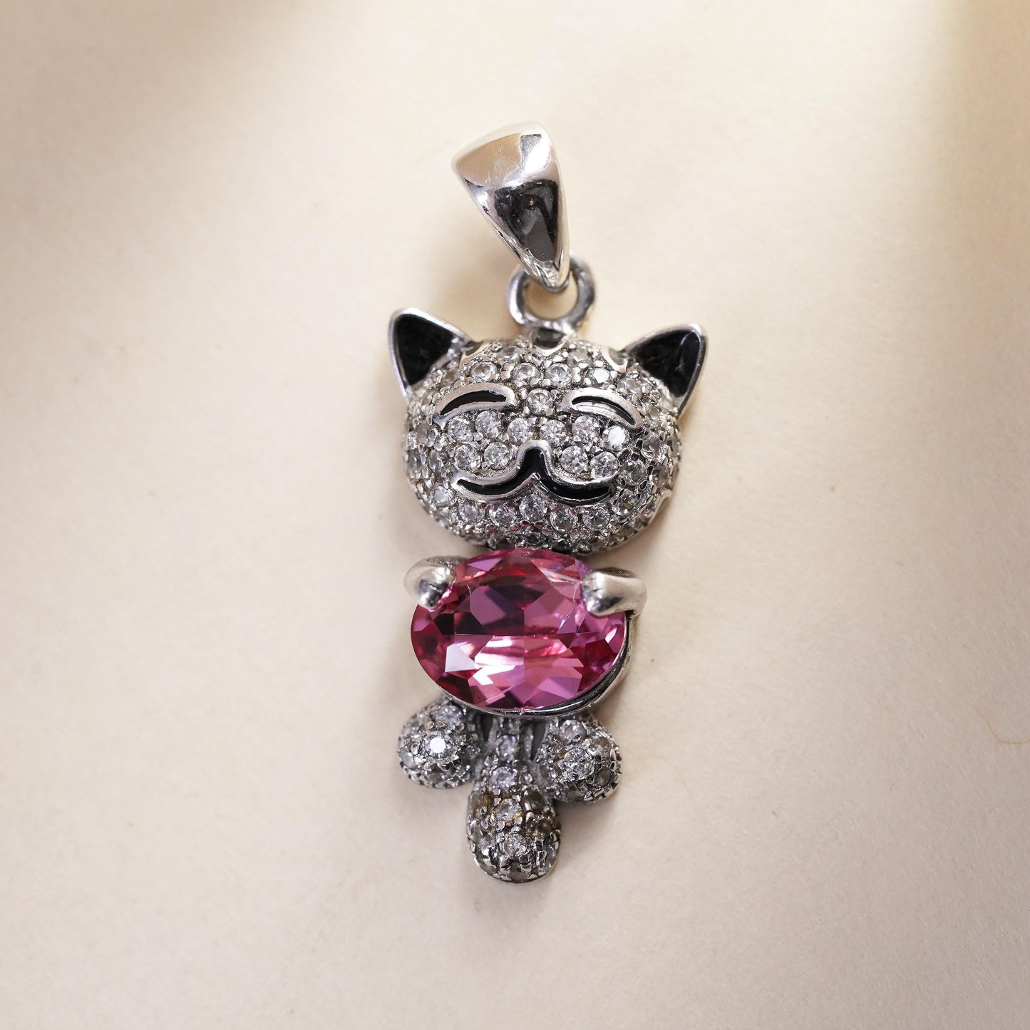 Nina Sterling 925 silver cat kittie birthstone pendant charm pink heart crystal