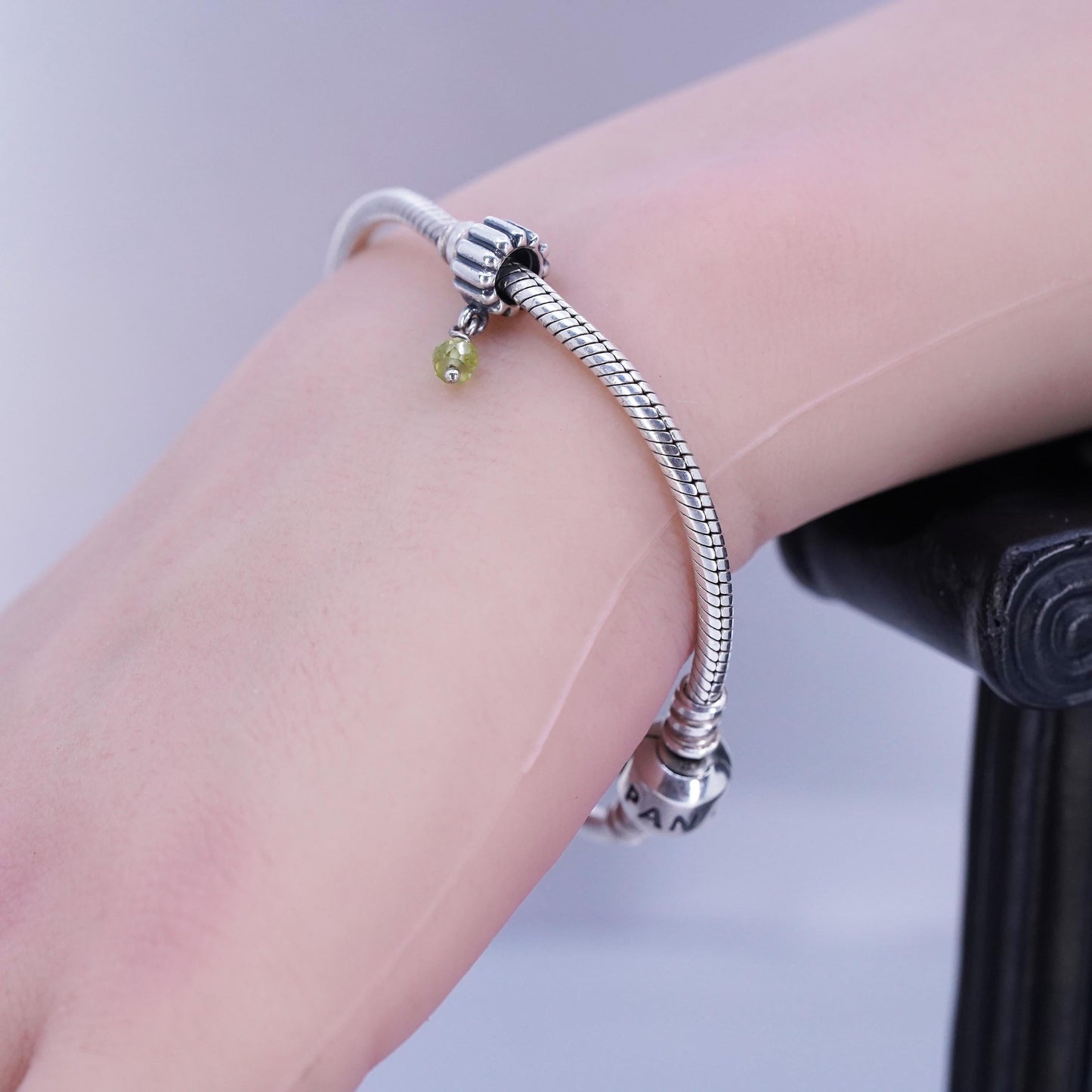 6.75”, Pandora Sterling 925 silver bracelet, bold snake link chain bead charm