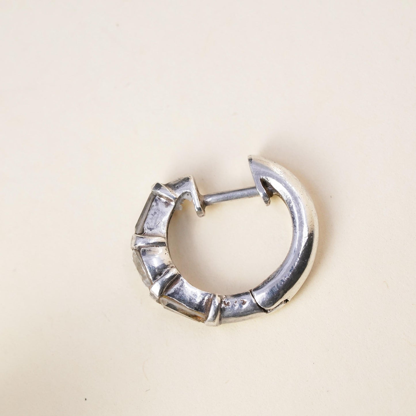 0.5", Vintage sterling silver loop single earring, minimalist hoop with cz