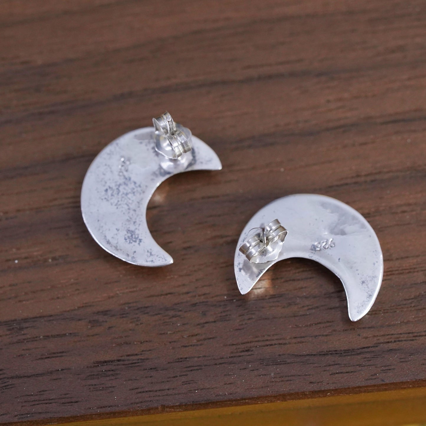vintage Sterling 925 silver handmade studs, moon earrings with turquoise inlay