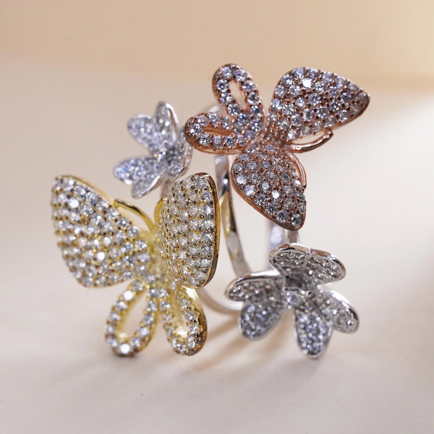 Size 9, Vintage sterling silver handmade statement butterfly ring cluster cz
