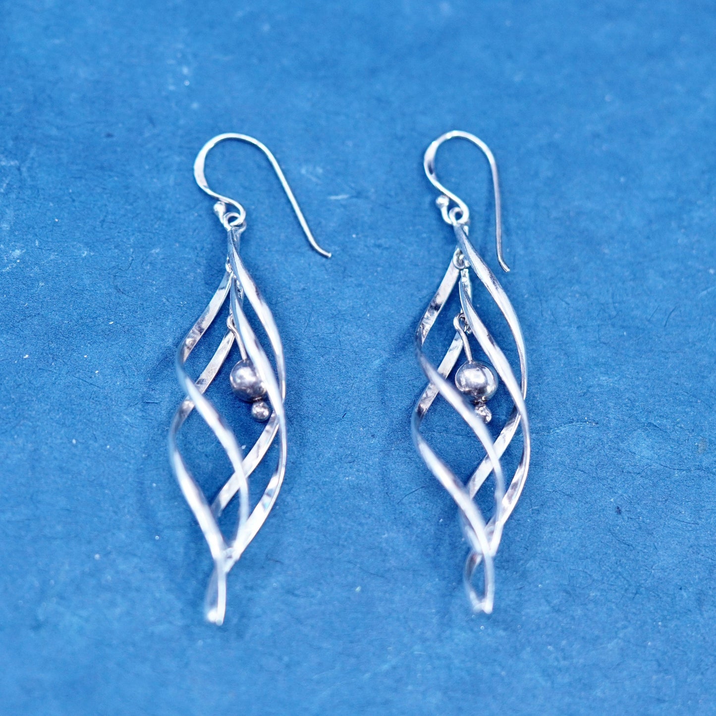 Vintage sterling silver handmade earrings, 925 twisted hoops with beads