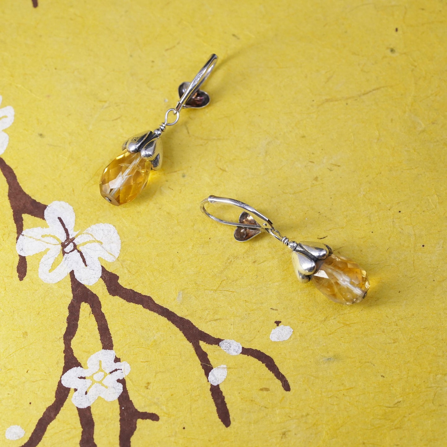 Vintage designer sterling 925 silver handmade heart earrings teardrop citrine