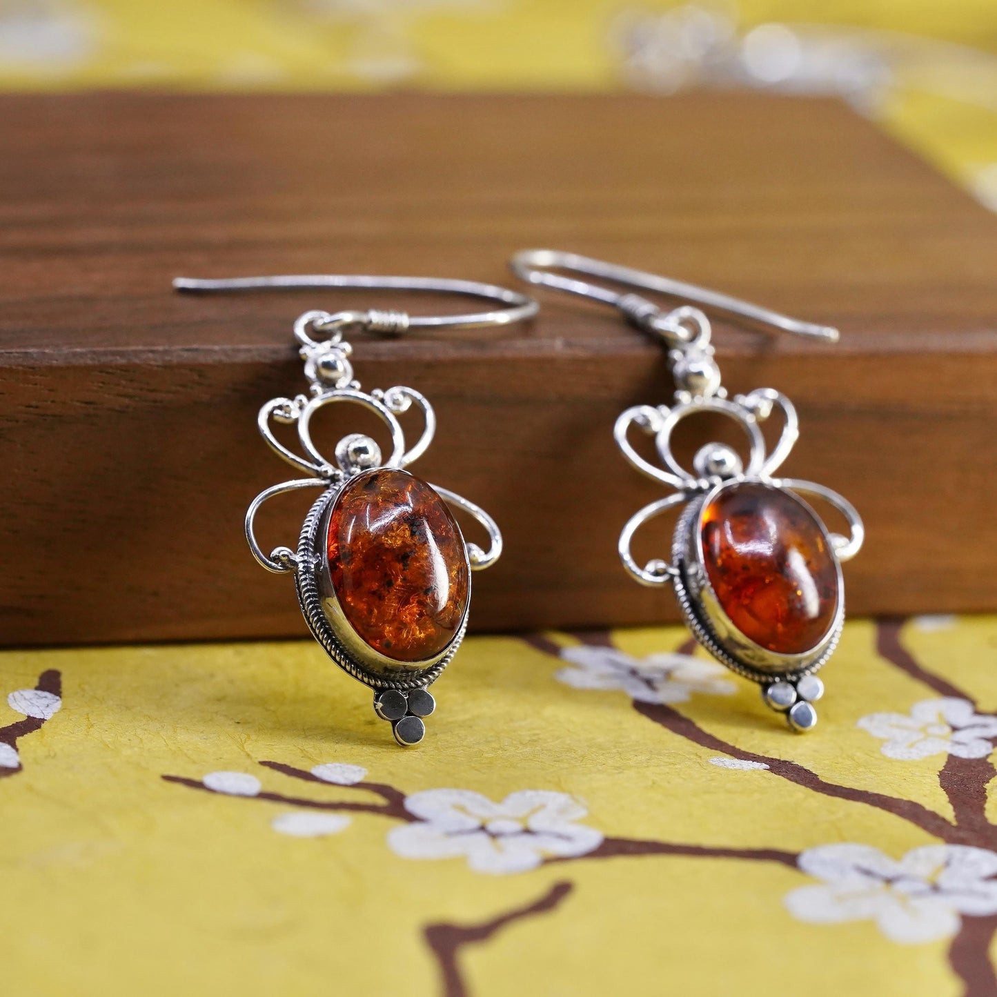 Vintage Sterling 925 silver handmade earrings with oval Amber