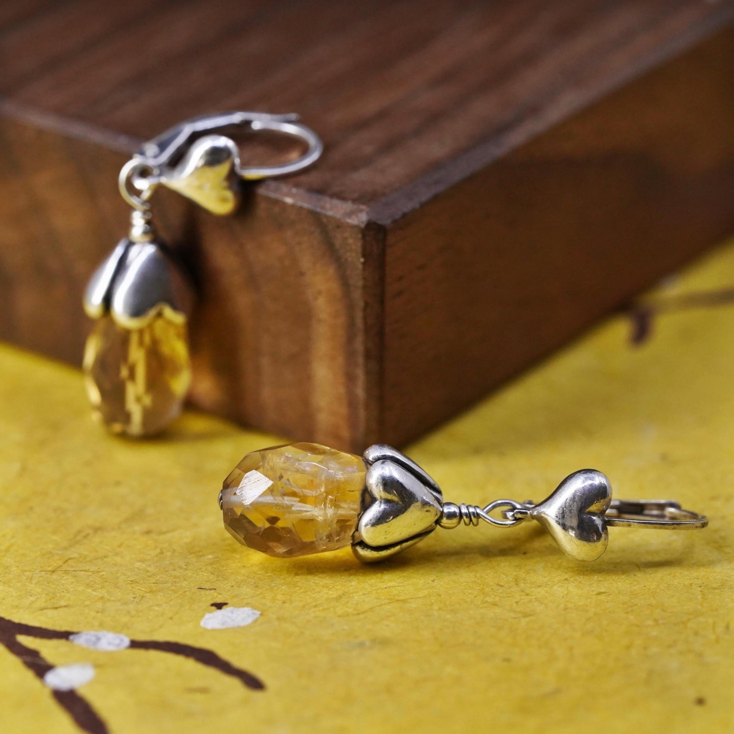 Vintage designer sterling 925 silver handmade heart earrings teardrop citrine