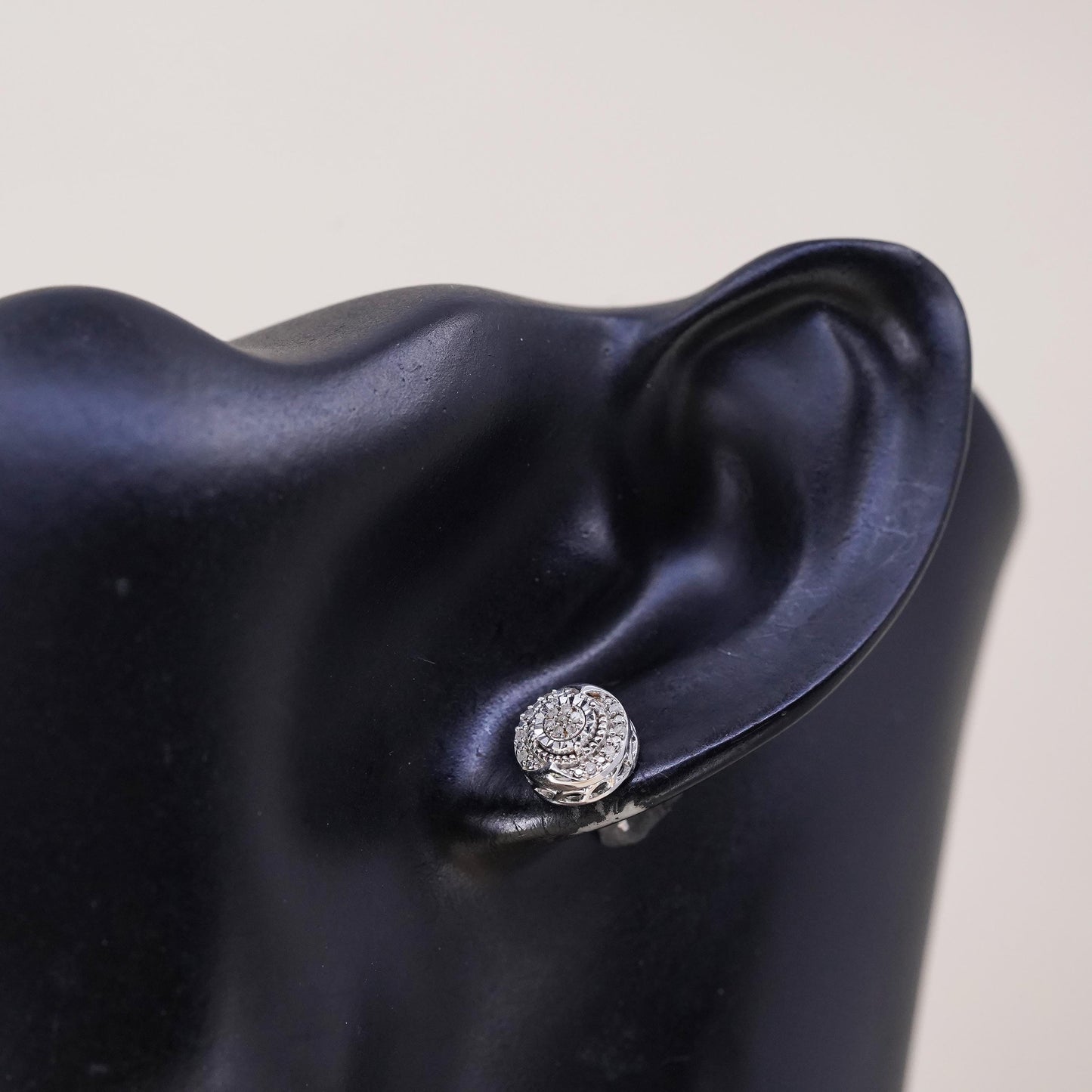 Vintage handmade single earring. Sterling 925 silver stud with cluster diamonds