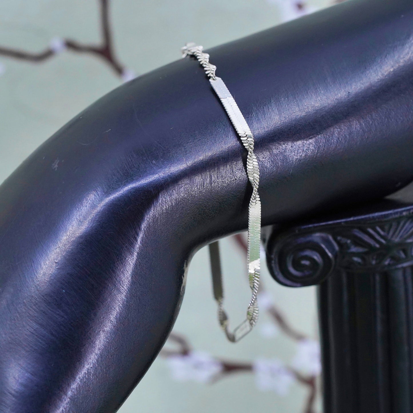 7" 3mm, Vintage sterling silver bracelet, twisted herringbone link bracelet