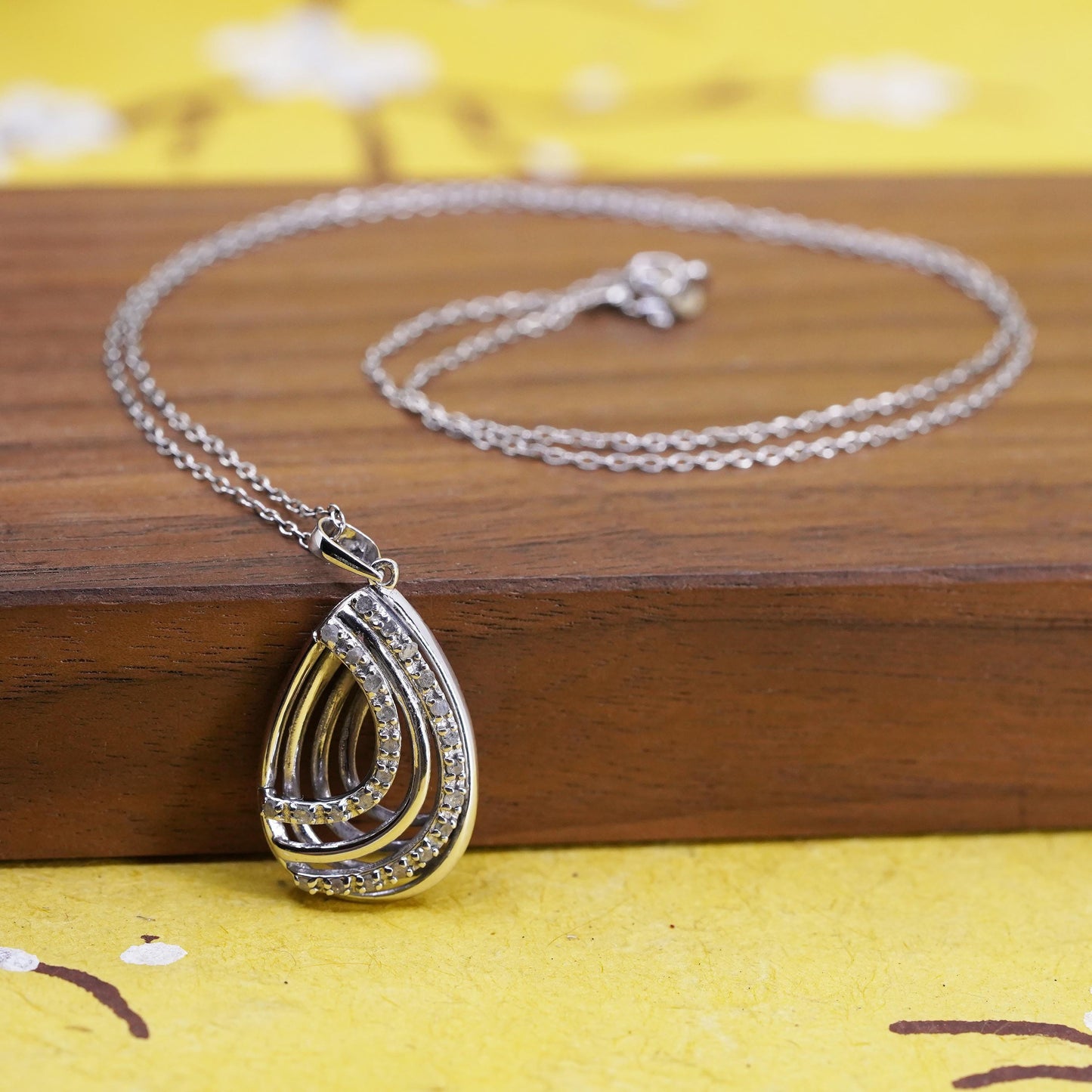 18” Sterling silver necklace, 925 circle chain cluster diamond teardrop pendant